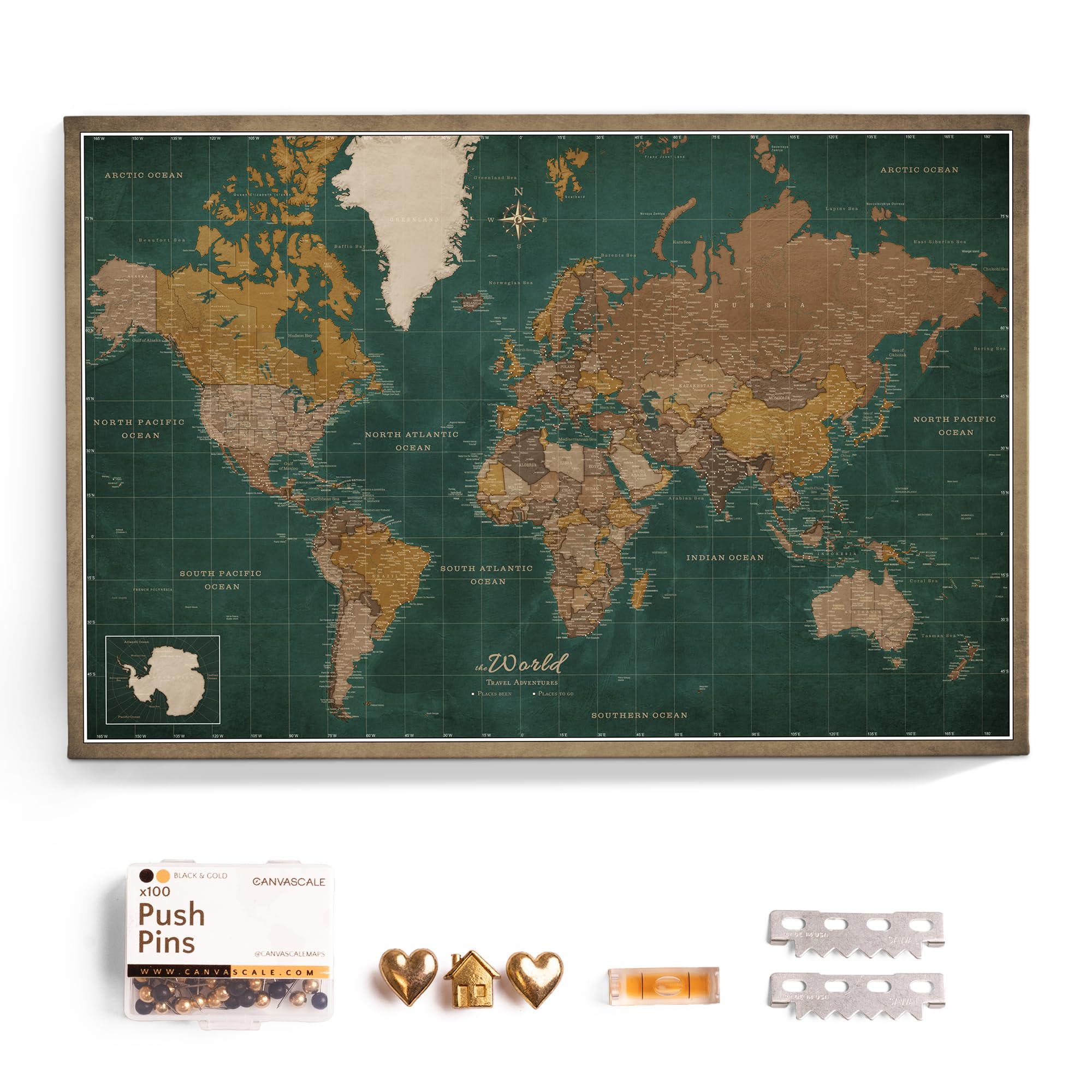 Canvas World Map with Cork Pin Board - English Lettering - Decorative Wall Decoration for All Rooms - Canvas Pictures with World Map Motif (120x80 cm, Pattern 4)