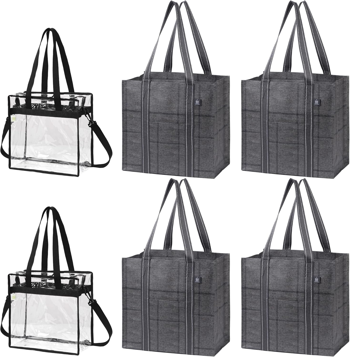 VENO 6 Pack Shopping Tote Bags (4 Large Reusable Grocery Bags + 2 Clear Tote Stadium Approved)