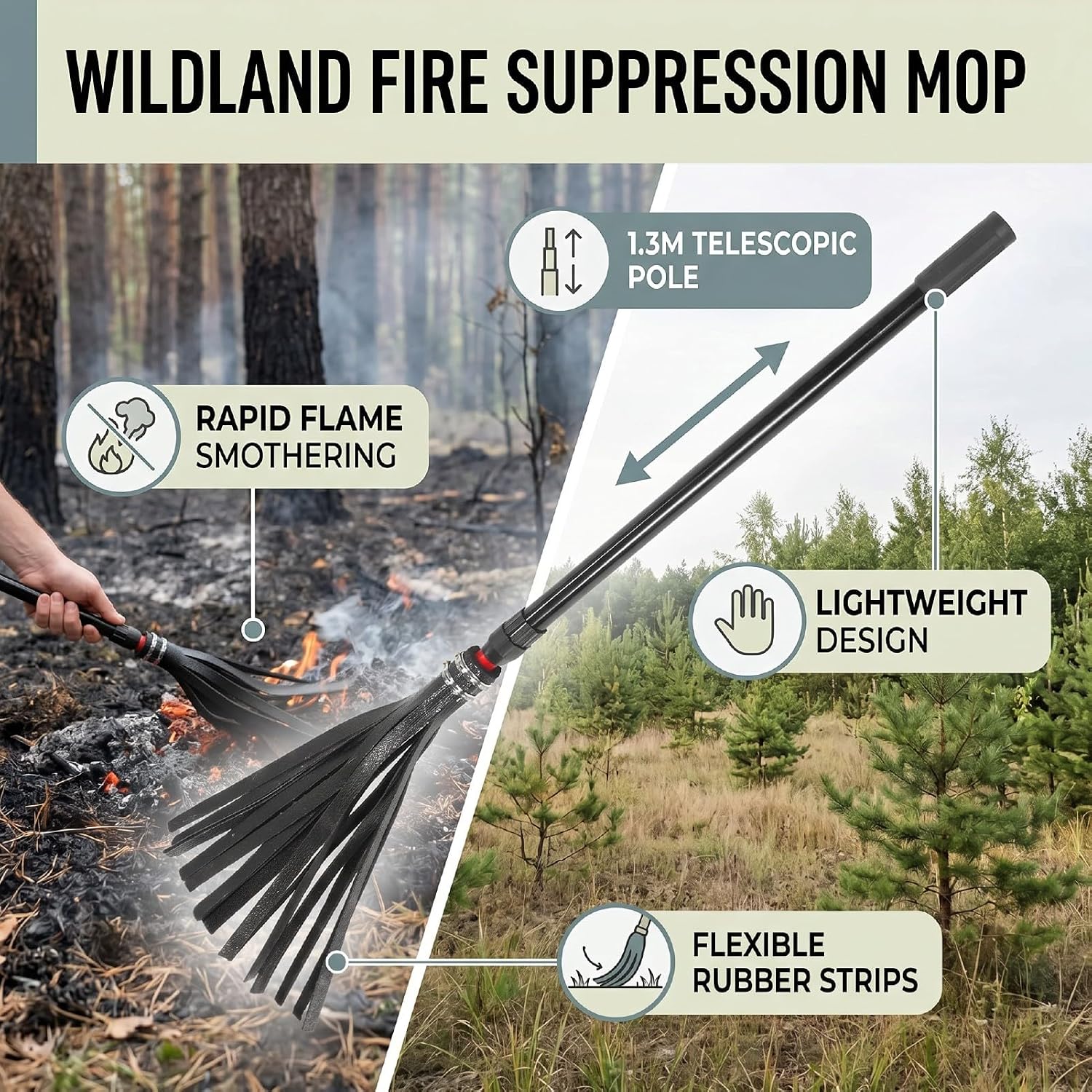 Fire Fighting Rubber Mop,1.3 Meter Telescopic Pole Whip Firefighting Tool,Forest Grassland Fire Control