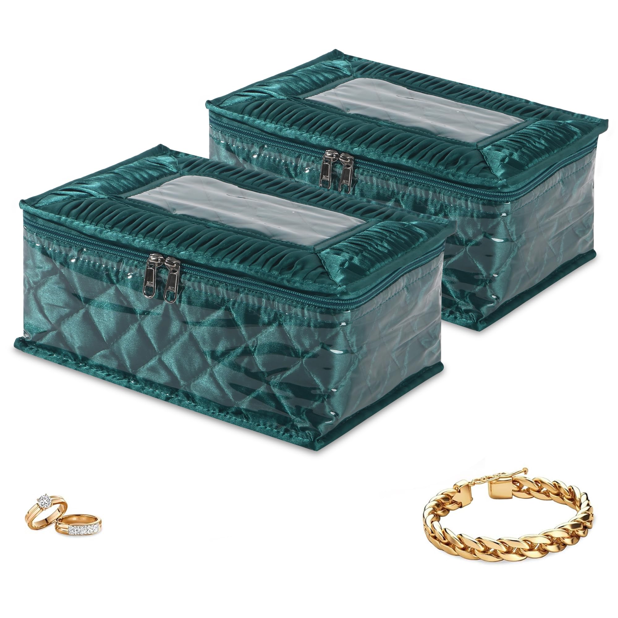 Kuber Industries 2 Pcs Satin Makeup Pouch Bag with 12 Compartments | Multipurpose Jewellery Organisers Pouch for Storage Earrings, Rings and Bracelets | Green