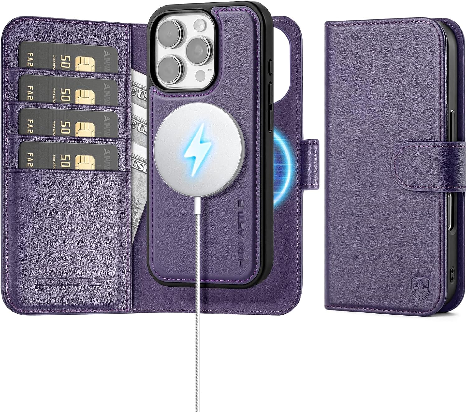 Magnetic 2 in 1 Detachable Compatible with Magsafe iPhone 16 Pro Max Genuine Wallet Case with Card Holder,Women Men Leather Flip RFID Blocking Credit Card Slots Stand Phone Cover,Purple