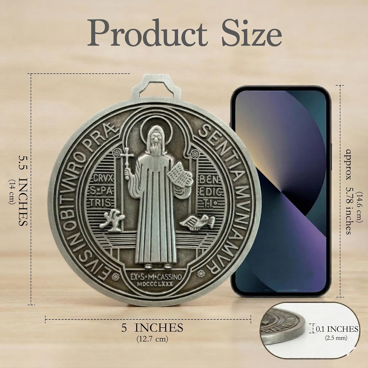 St Benedict Medal 5.5" Extra Large Wall Decor - Heavy Duty Alloy Catholic Protection Cross Medalla de San Benito - Antique Multi-Color Finishes Religious Art for Home Blessing, Altar, Door & Spiritual Gifts (Antique Silver)