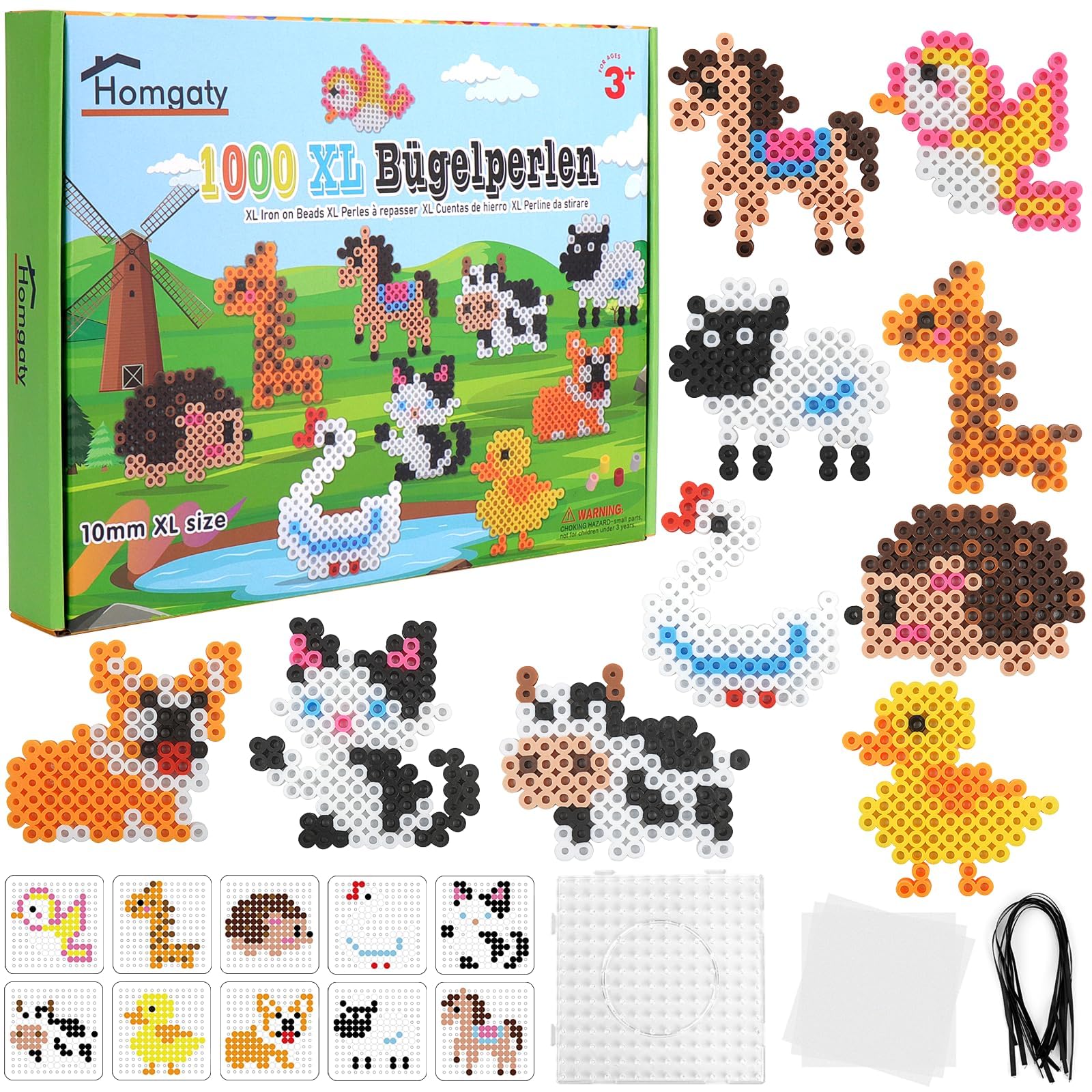 Homgaty 10MM Fuse Beads Kit,1000 PCS XL Iron Beads for Creative Adult Patterns and Ironing Paper, Animal DIY Art Craft Max Bead
