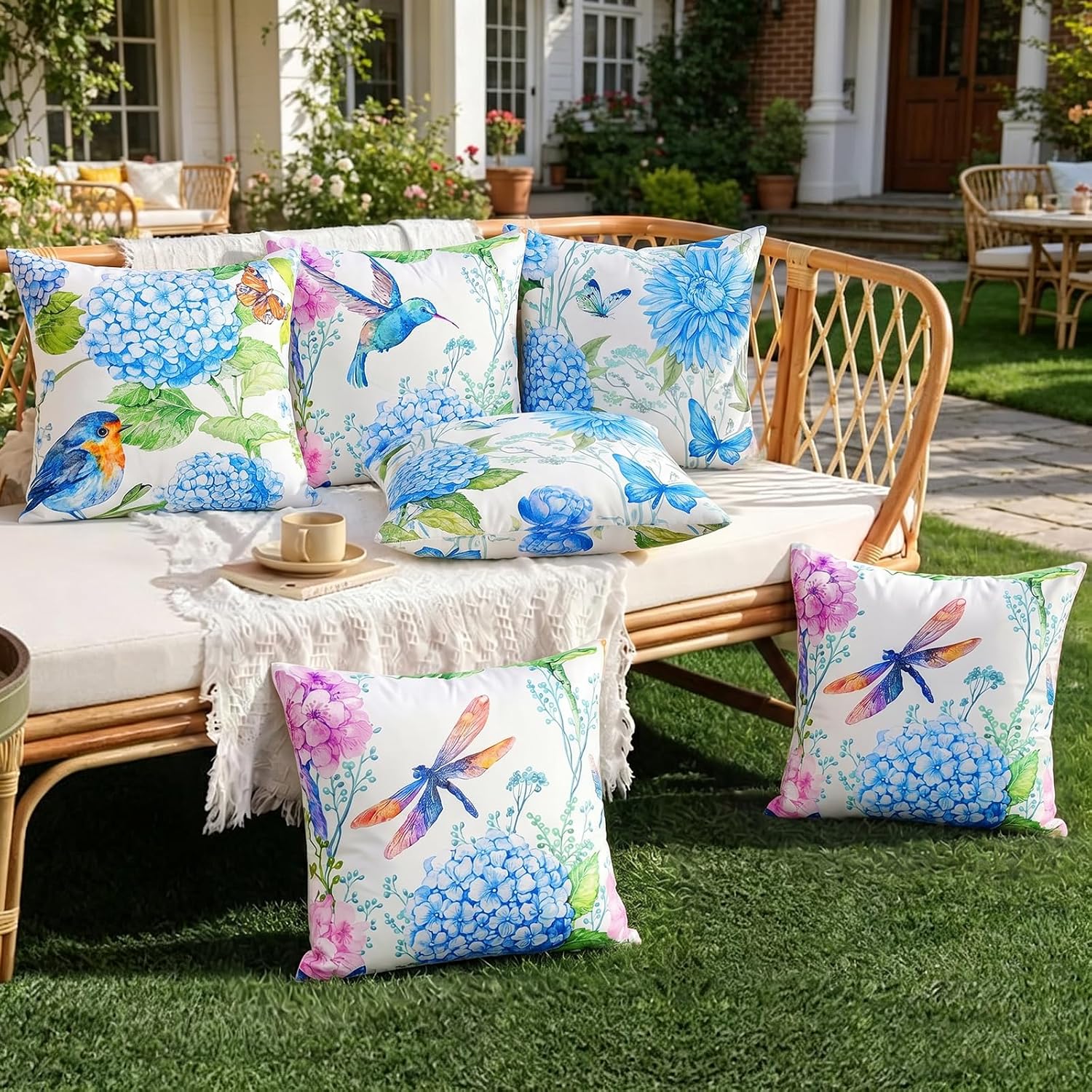 Merrycolor Outdoor Waterproof Throw Pillow Covers 18x18Inch Set of 4 Summer Flowers Accent Farmhouse Décor Hydrangeas Butterflies Birds Decorative Pillow Covers for Couch paito Garden Sofa Blue-Purple