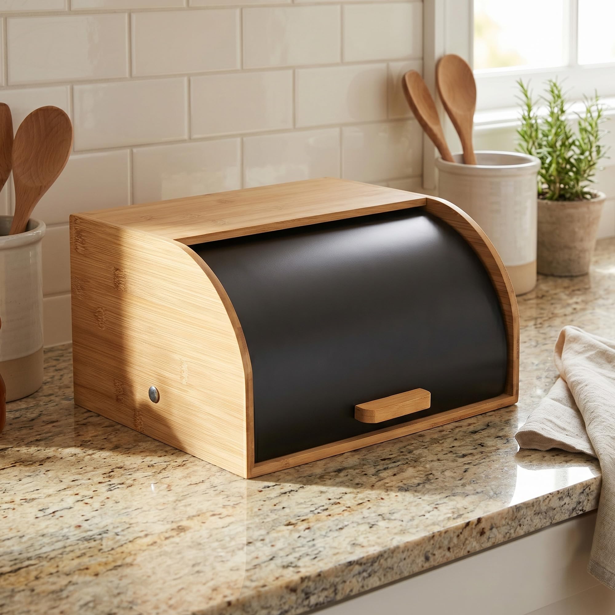 KADAX Brotkasten 31 x 28 x 18 cm aus Bambus und Edelstahl, Brotaufbewahrungsbox, Brotbehälter zur Aufbewahrung von Brot, Brotaufbewahrung (Schwarz/Holz)