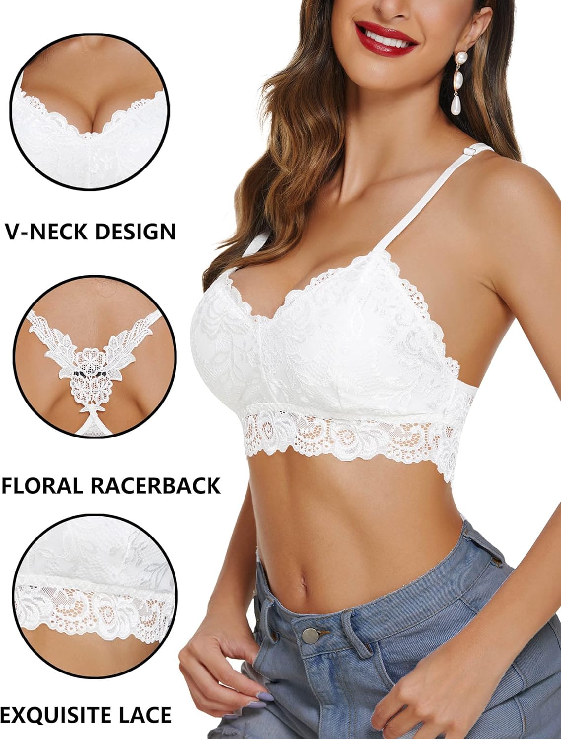 Avidlove Lace Bralettes for Women Padded Bralette Camisole Racerback Crop Top Floral Lace Bralettes V Neck - Image 3