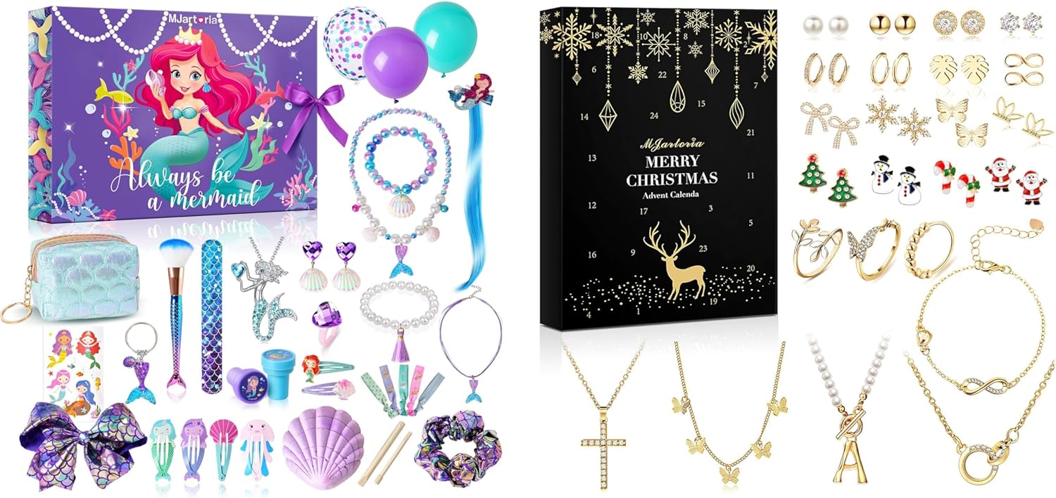 MJartoria Bundle - Advent Calendar 2024 for Girls 24-Days Christmas Countdown Calendar Gifts and Gold Jewelry 24 Days Christmas Countdown