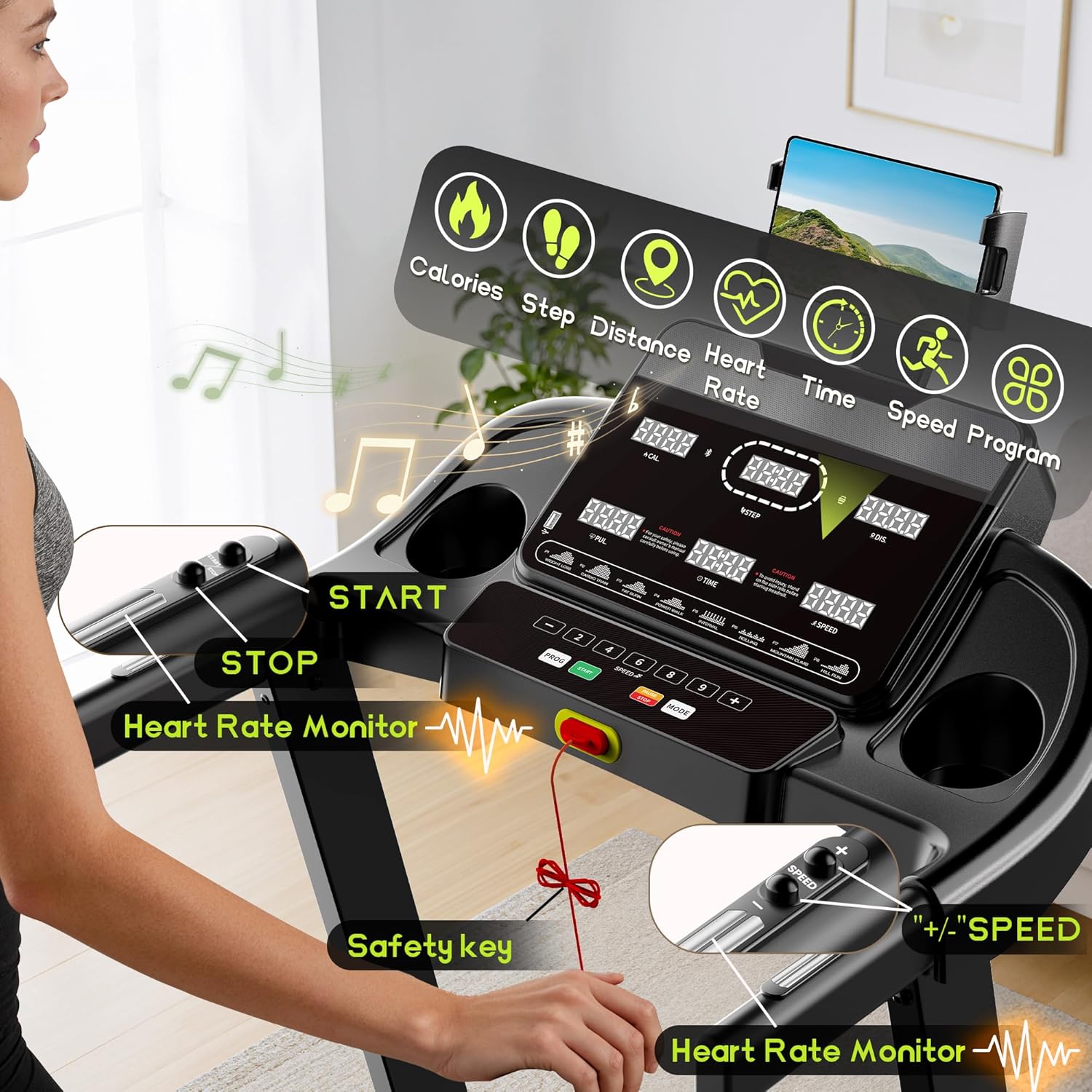 Treadmills for Home with Brushless 3.5 HP Motorized, Folding Treadmill with 6% Manual Incline, 9MPH, 350 lb Capacity, APP Control, 105 Programs, Bluetooth Speakers, 17’’ Wide Belt image 5