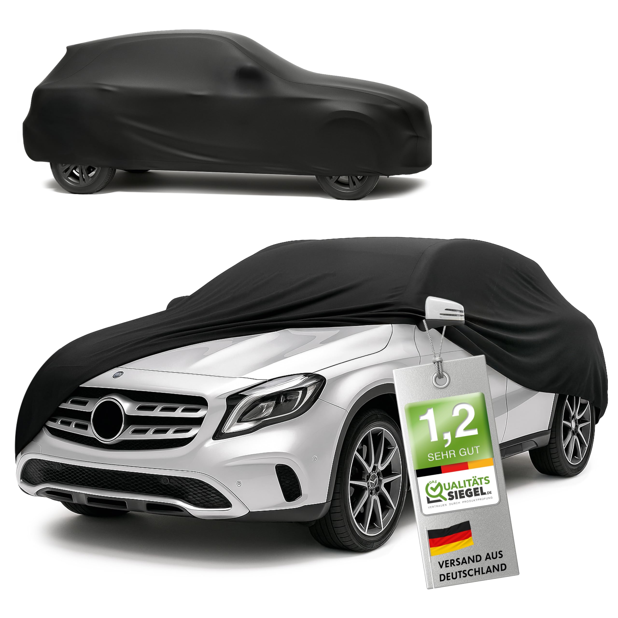 WALSER Premium Abdeckung Auto Indoor Stretch Plus Qualitätssieger Sehr Gut* Autoabdeckung Winter Autogarage Abdeckung Autoplane Winter Autogarage Abdeckung Winter Abdeckplane SUV/Van Größe 8 schwarz