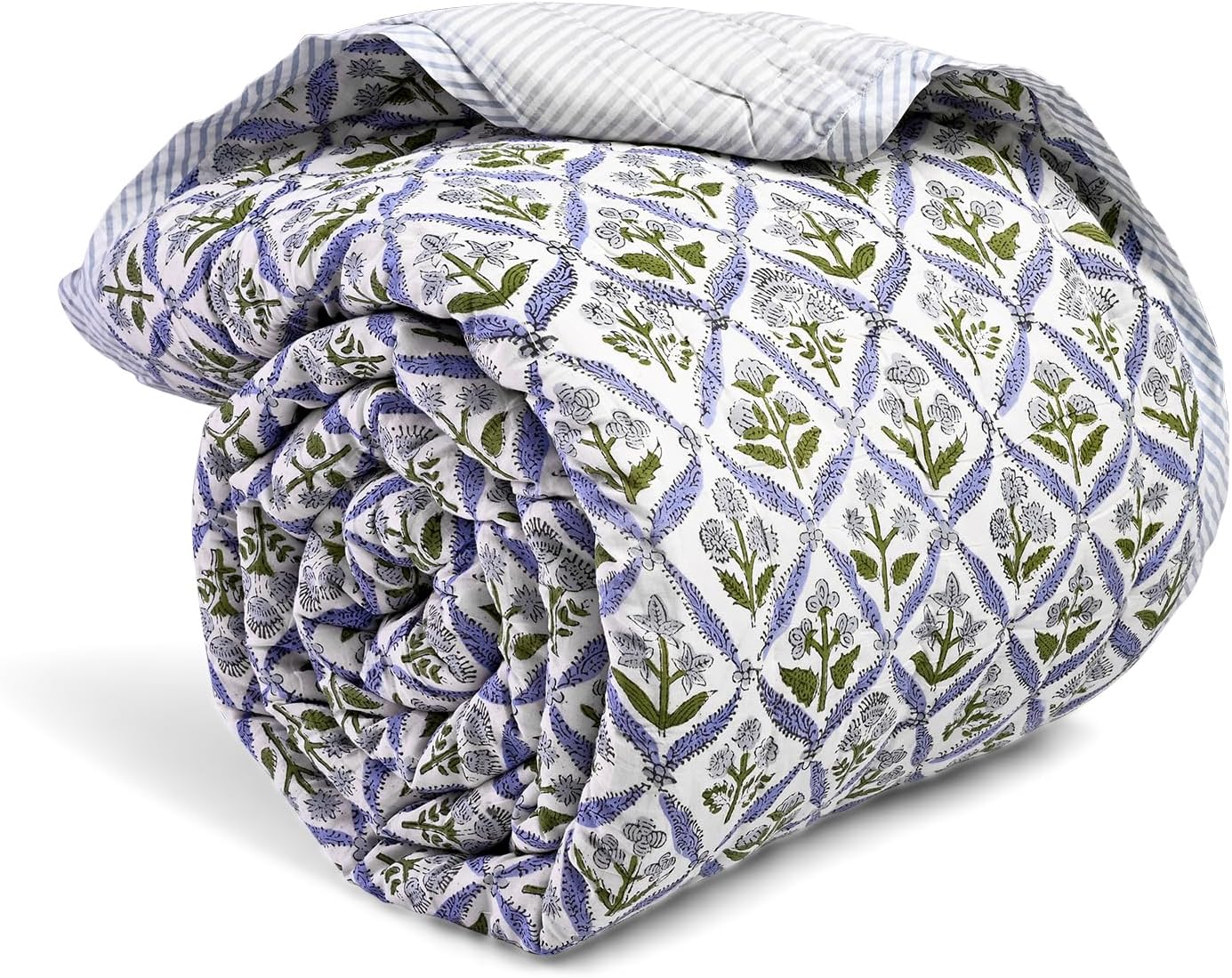 Ridhi Block Print Reversible Cozy Quilt Light Steel Blue King 96" X 106" Lightweight Blanket for Sofa, Couch, Bed Soft Breathable Comforter Handmade Bedspread Duvet for Farmhouse, Home, Winter