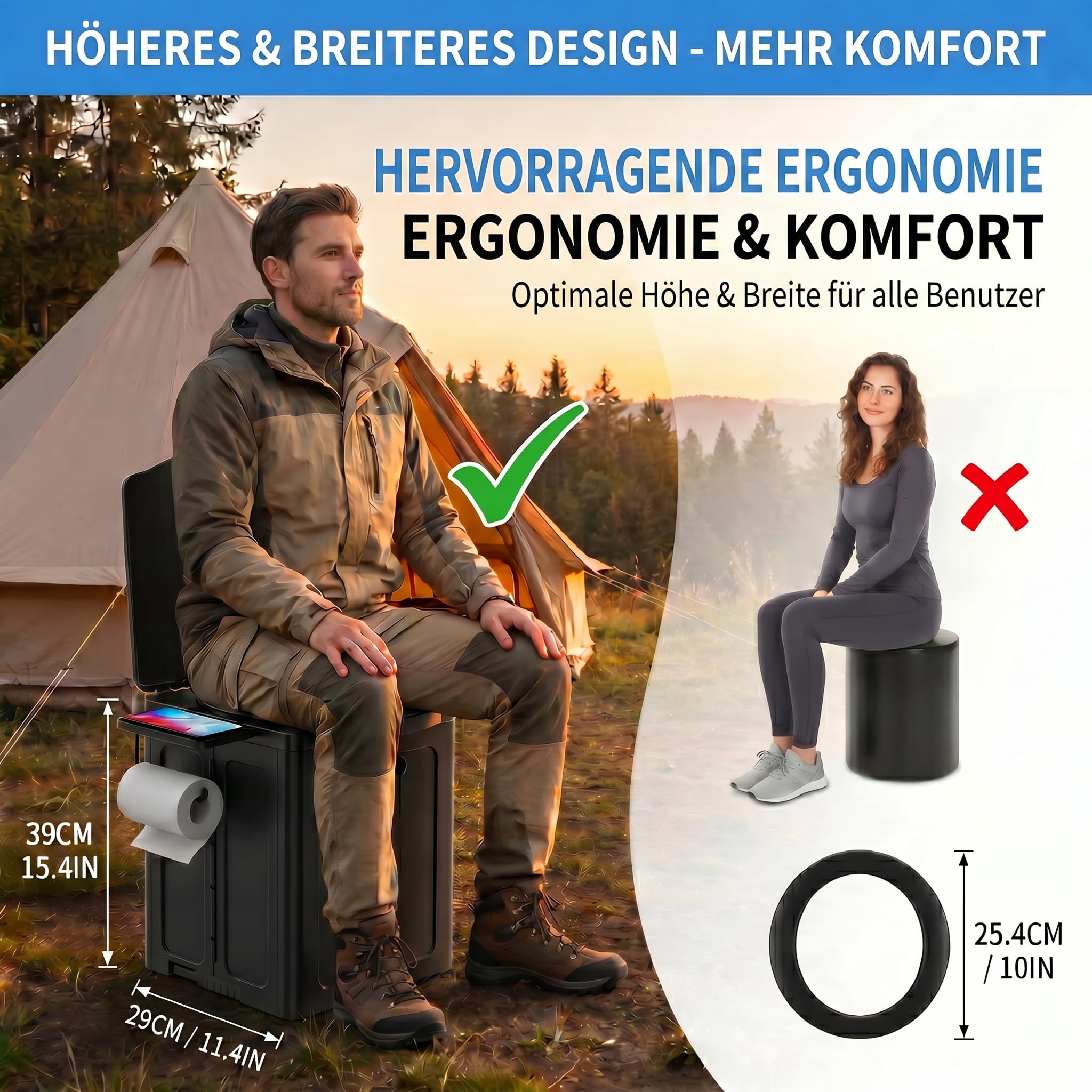 Campingtoilette klappbar mit Deckel, extra groß & stabil, kompakt für Auto