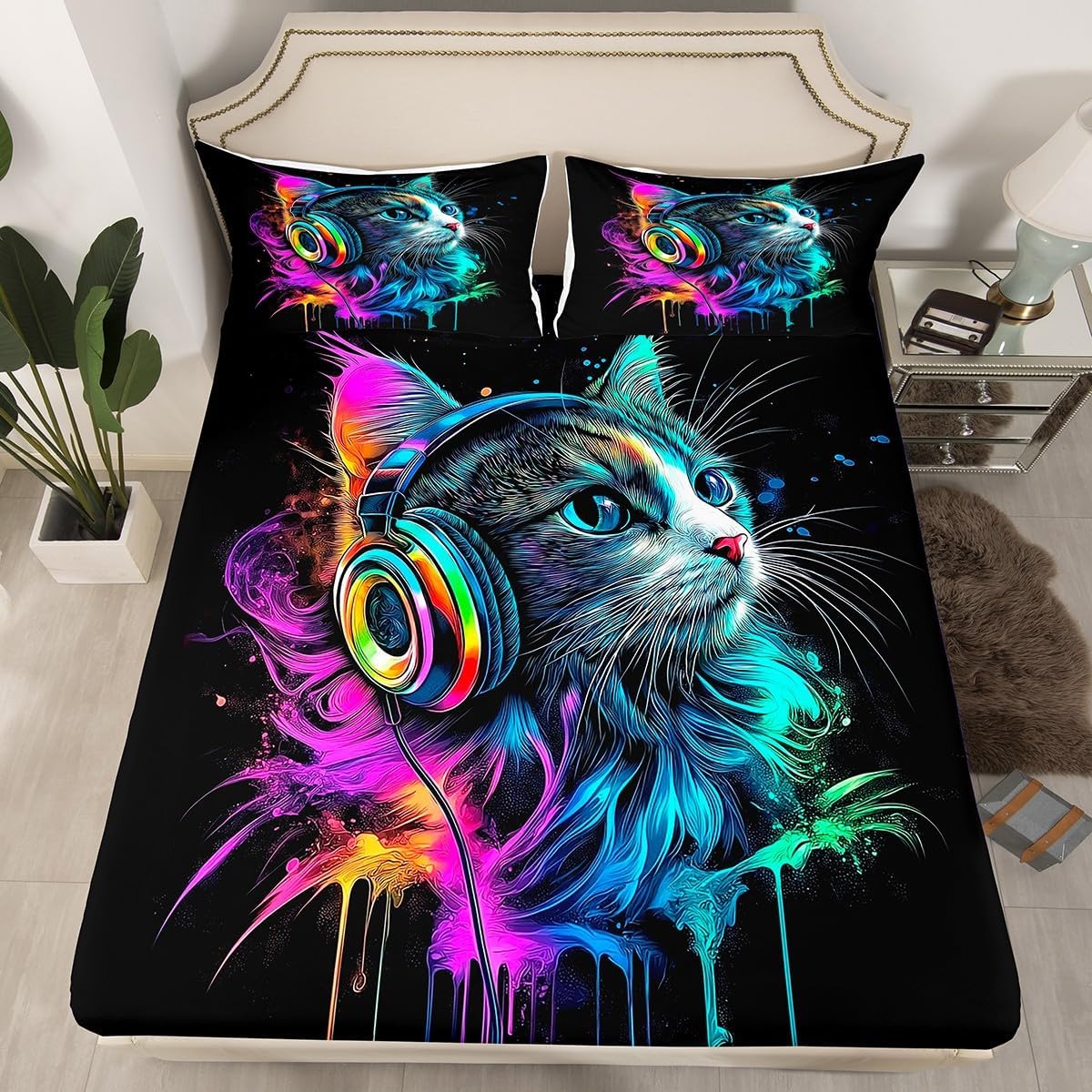 Watercolor Tie Dye Full Size Fitted Sheet No Top Sheet,Sports Games 3 Pieces Kids Teenager Room Decor Headset Cat Pocket 2 Pillowcases