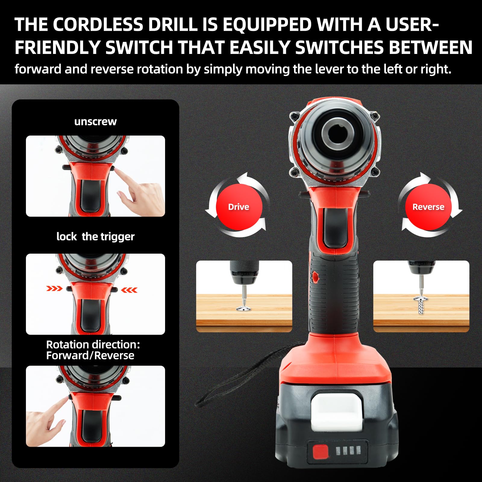 DOGTOOTH 21V MAX Cordless Drill, 2 * 2.0 Ah Batteries, Compatible with Makita 18V Battery, 2 Speed Functions Max 1350 RPM, Build-in LED, 23 Bits, Charger, Tool Bag - Red