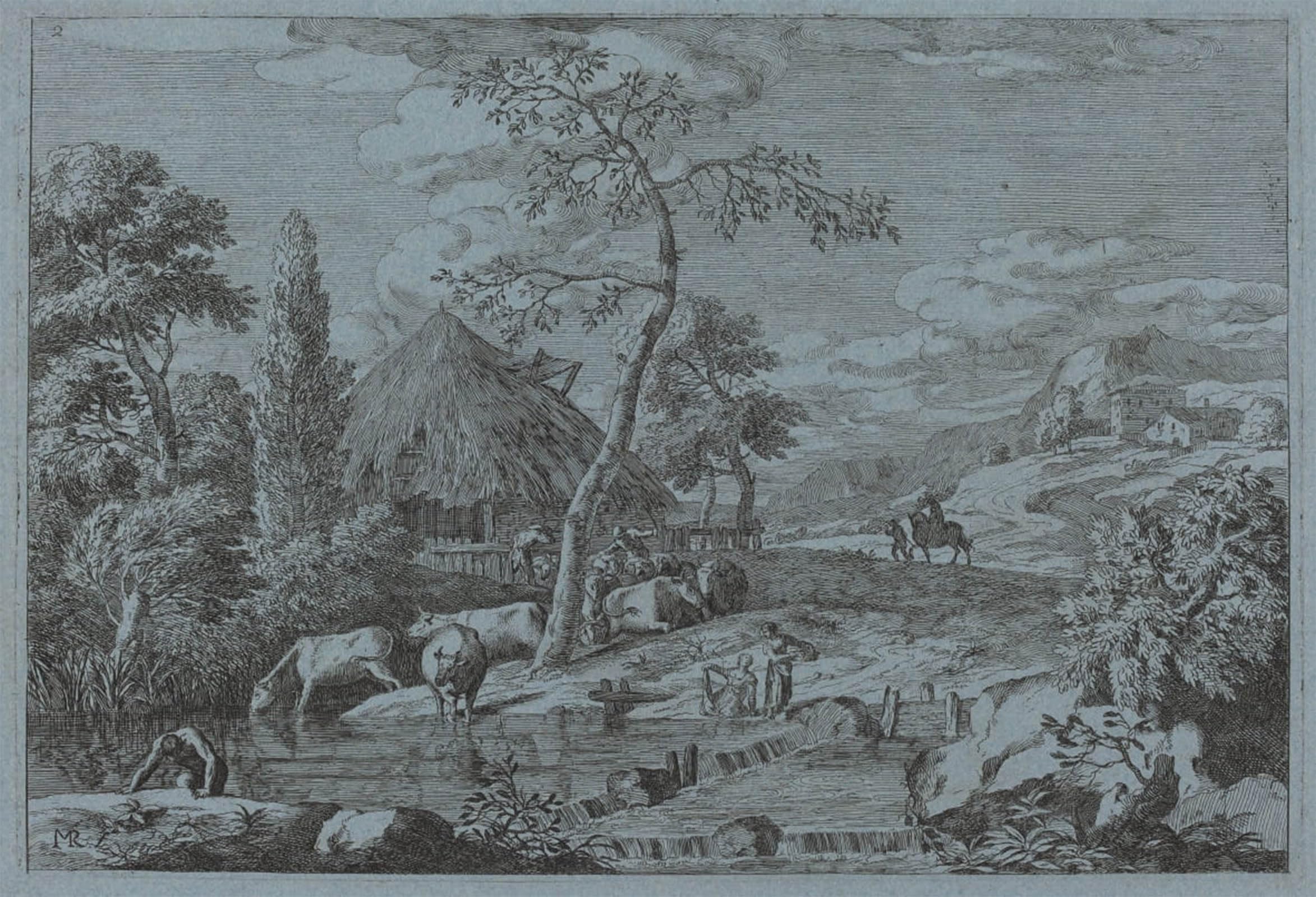 POSTERIIk Famous Animal Posters Vintage Picture Animal and Figures At a Farmyard Stream by Marco Ricci Modern Wall Decor for Home Decor 60x90cm
