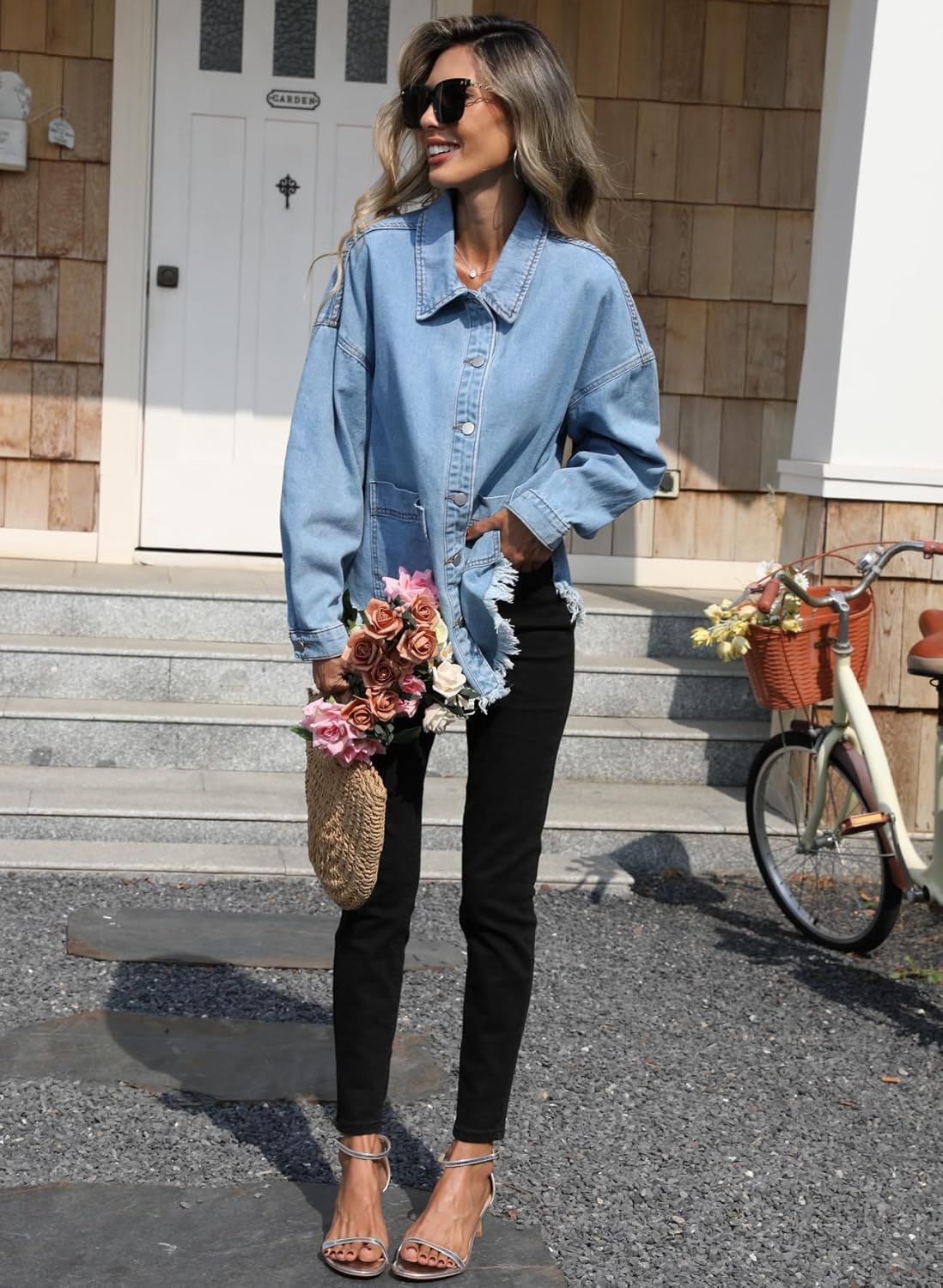 LifeShe Women Oversize Denim Shirt Jacket Frayed Hem Jean Jackets Shacket with Pockets - Image 6