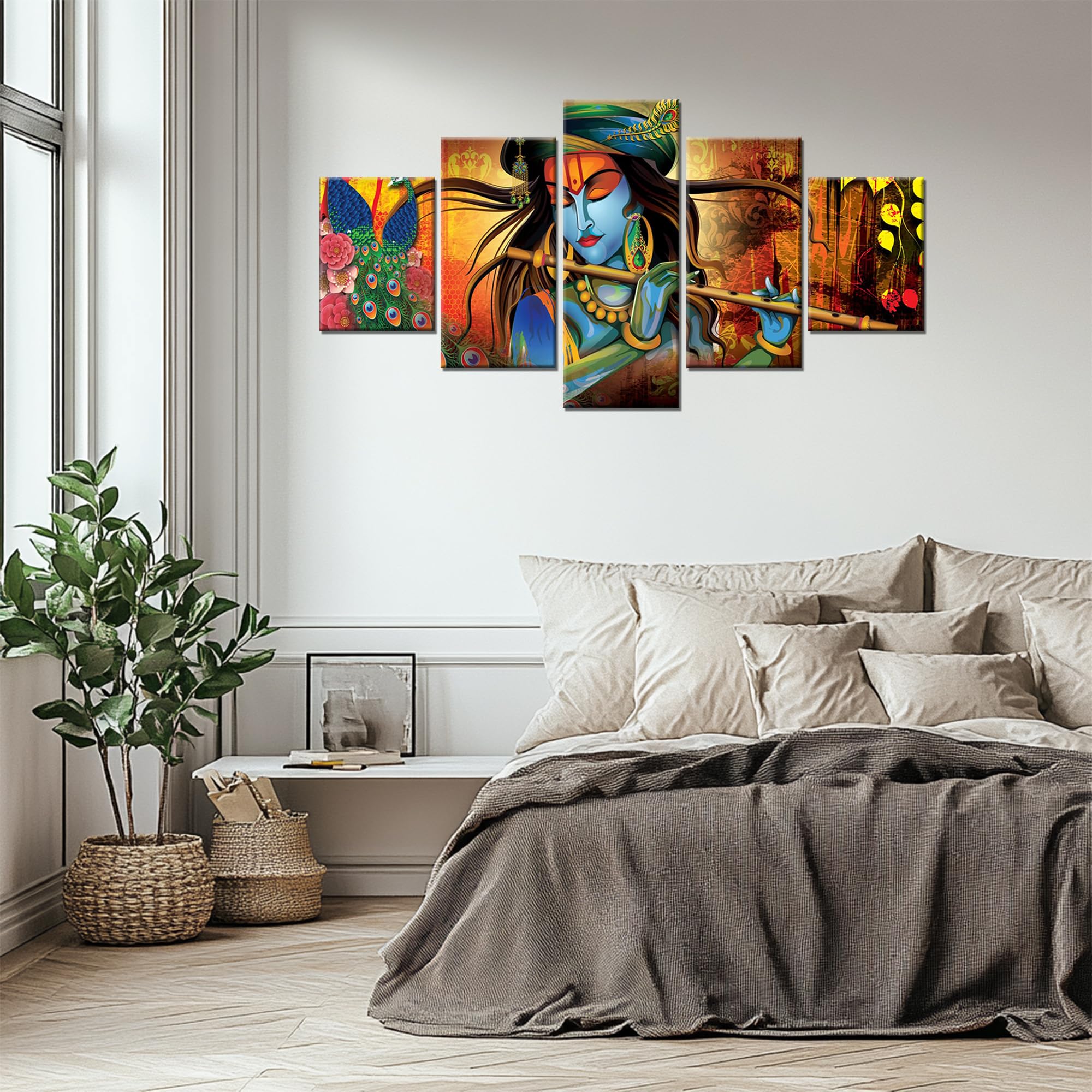 God Krishna Wall Decor Radha Krishna Wall Art Hindu Lord Paintings Posters Indian Canvas Print Artwork Playing Flute Pictures Framed Home Living Room Bedroom 5 Piece Decorations(60''Wx32''H)