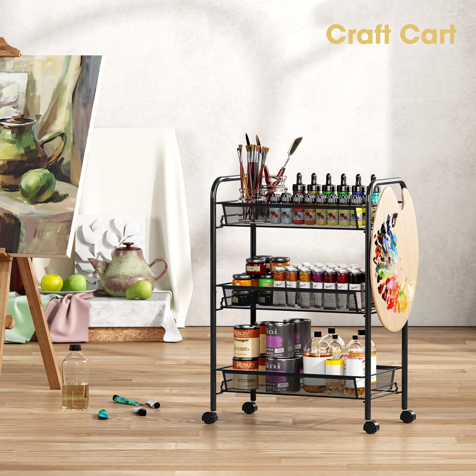 TOOLF Carrito rodante de metal de 3 niveles, alambre de malla fácil de montar, carrito de almacenamiento con ruedas con 3 ganchos, estantería de almacenamiento con ruedas para cocina, baño, lavandería
