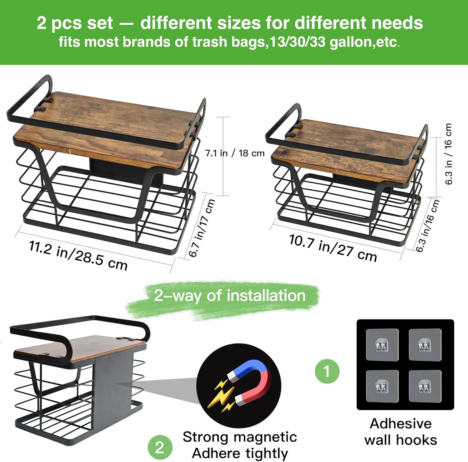 2 Pack Magnetic Trash Bag Holder, Wood Top with Guardrail, Garbage Bags, Potato and Onion Storage Bin, Magnetic&Adhesive Mount Trash Bag Dispenser for Fridge, Washer, Under Sink and RV Storage, Black