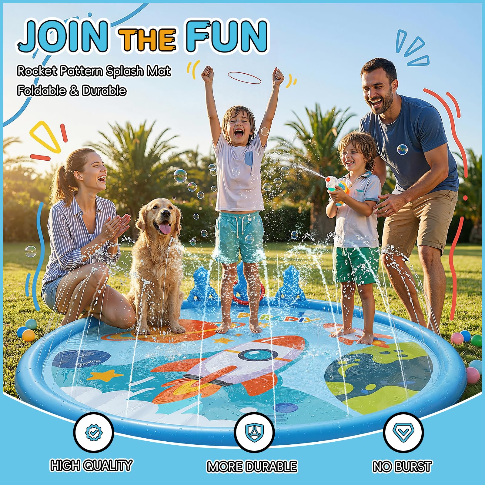 Peradix Alfombra de juego con aspersores de cohetes y juego de lanzamiento de anillos para niños – Alfombra de juegos de agua con 6 gusanos (3 rojos, 3 azules) para exteriores, antideslizante, para