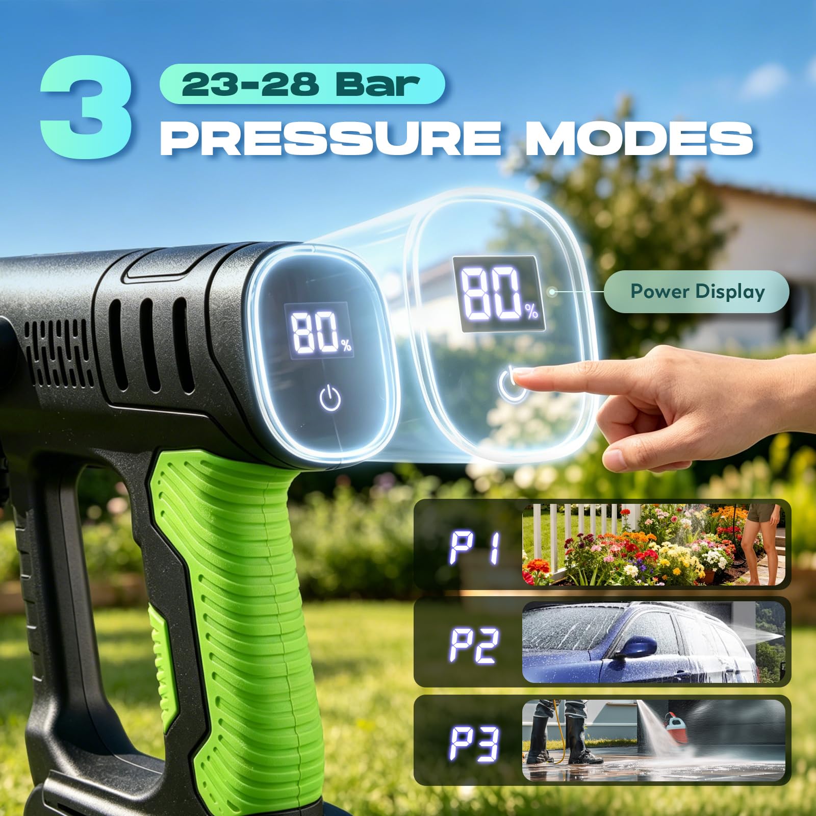 CGOLDENWALL Hidrolimpiadora a Batería, 3 Niveles, 2 Baterías 3.0Ah | Alta Presion, 23-28 Bar, Motor sin Escobillas, Boquilla 6 en 1, Manguera 5m, 3 Modos de Alimentación, para Coche/Jardín