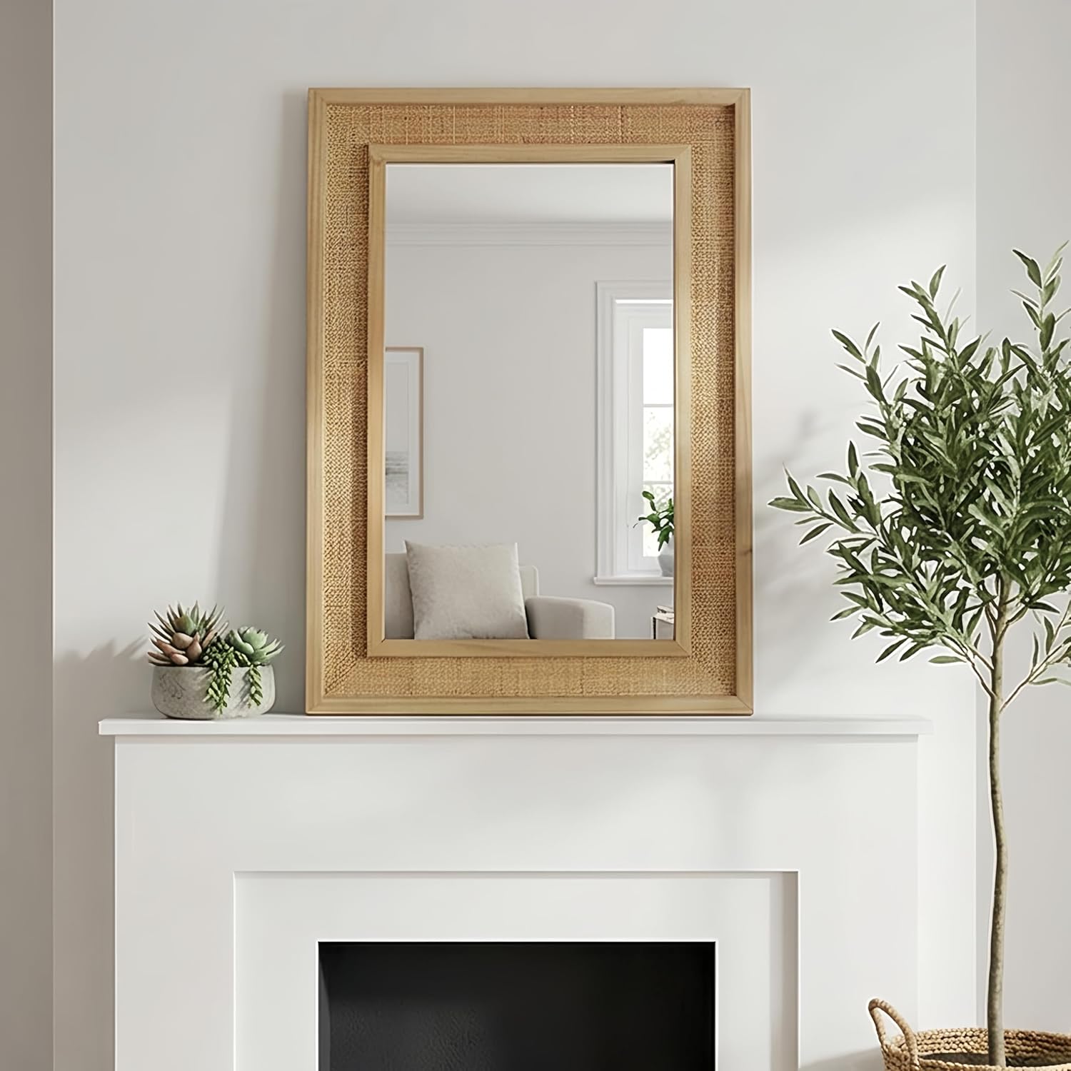 Rattan Rectangle Wall Mirror with Solid Wood Frame, Farmhouse Decorative Mirror for Bathroom, Living Room, Entryway, Bedroom, Rustic Boho Wall Mounted Mirror