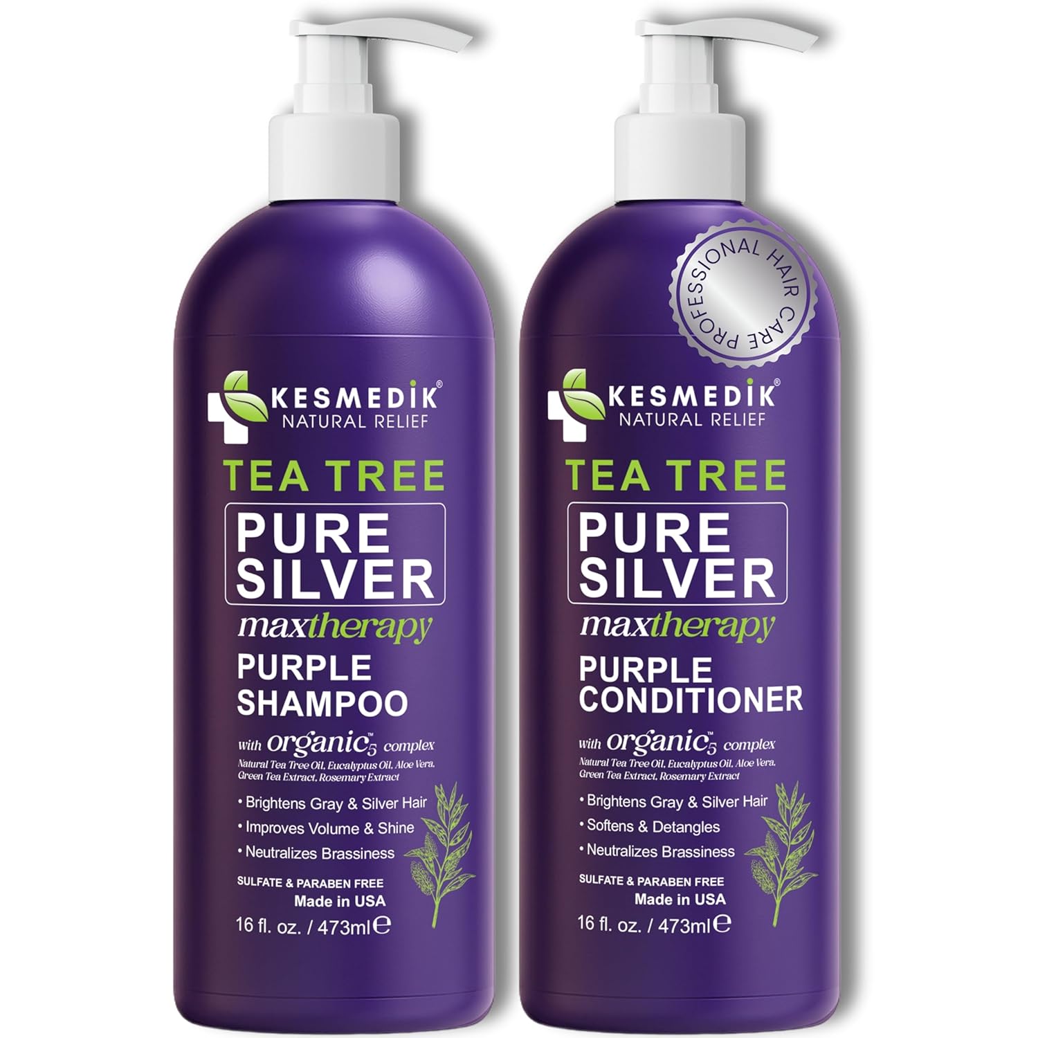Tea Tree Purple Shampoo & Conditioner Set with Rosemary & Aloe, Professional Anti Brass Toner, Removes Yellow Tones for Gray, Bleached, White & Blonde Hair, Refreshes Scalp, Sulfate-Free