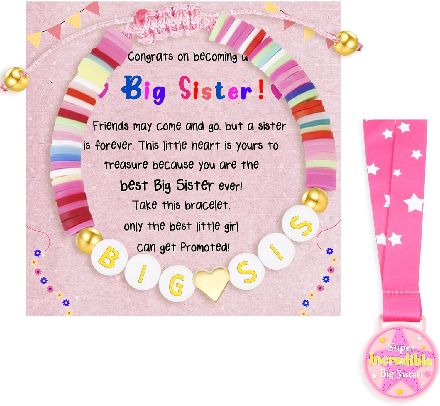 Big Sister Gifts for Girls Big Sister Bracelet Valentines Day Gifts for Sister Cute Big Sis Bracelet Sister Jewelry for Daughter with Girls Bracelet and Pink Medal Matching Sisters Shirt