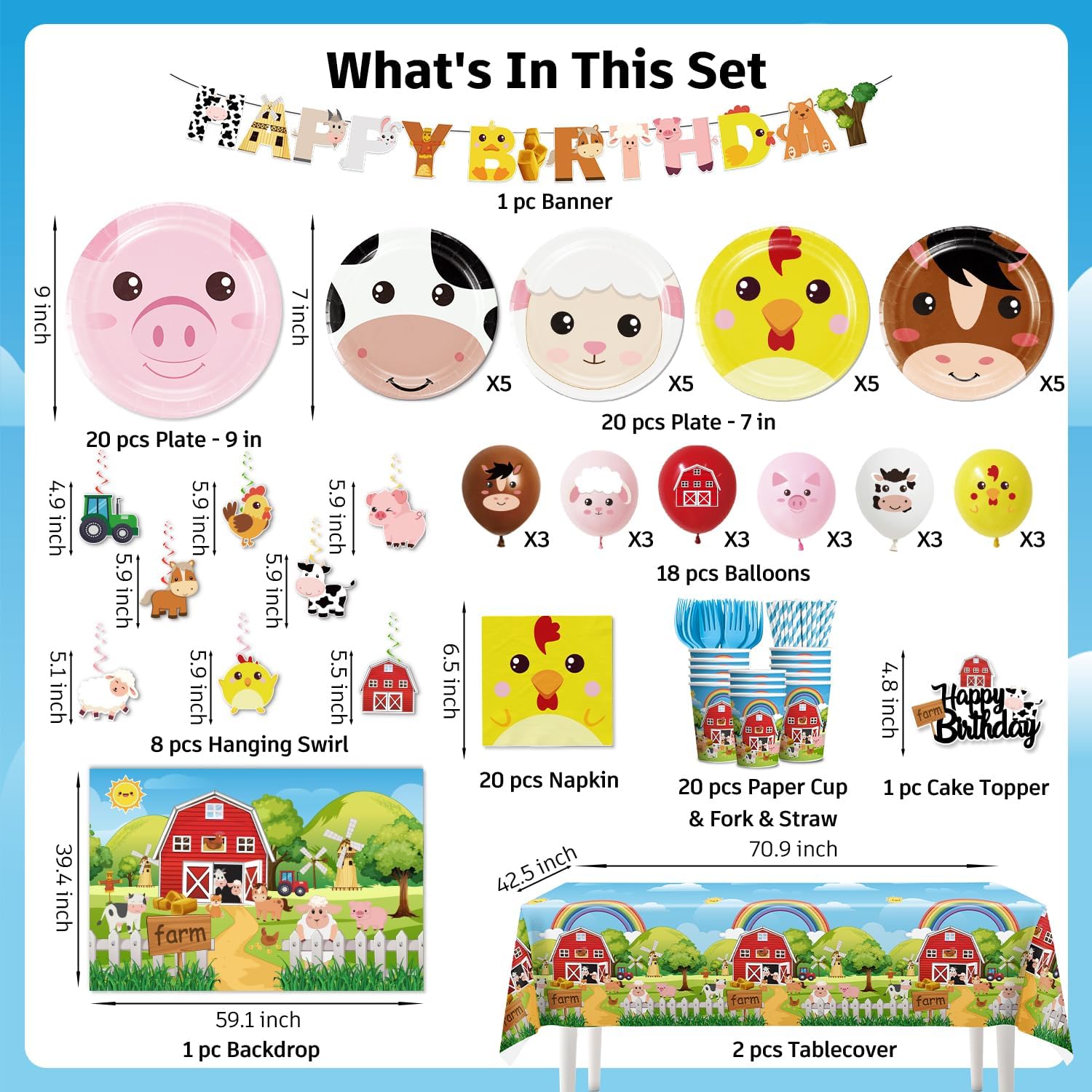 Cocomigo 159pcs Farm Birthday Decorations for Kids, 5 Styles Of 300gsm Thick Animal Plates 2 Tablecloths 1 Backdrop 1 Banner 18 Balloons for 20 People, Suitable for Farm Theme Birthday Decorations - Image 3