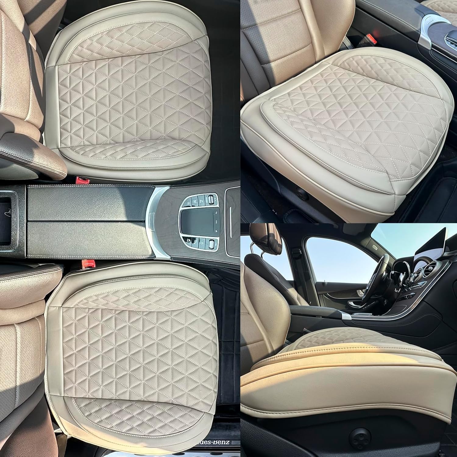 2 Pack Leather Front Car Seat Cover Bottom Only, Anti-Slip Padding Seat Cushion, Full Wrap Seat Protector with Storage Function Universal Fit for Most Cars, SUV, Pick-up Trucks (Beige)