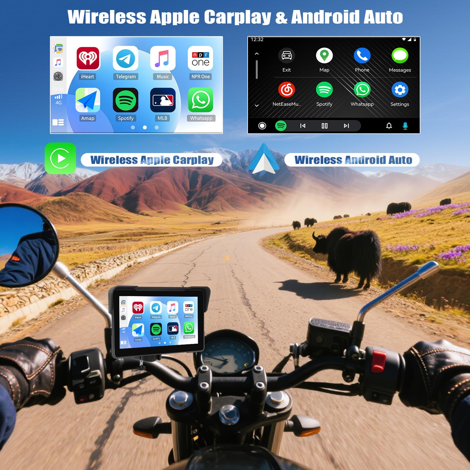 SIXWIN Écran Carplay sans Fil pour Moto, 7 Pouces Carplay sans Fil & Android Auto,Navigation GPS Moto Étanche IP68 Écran Tactile Étanche,Audio BT, EQ,Siri,Assistant G00gle