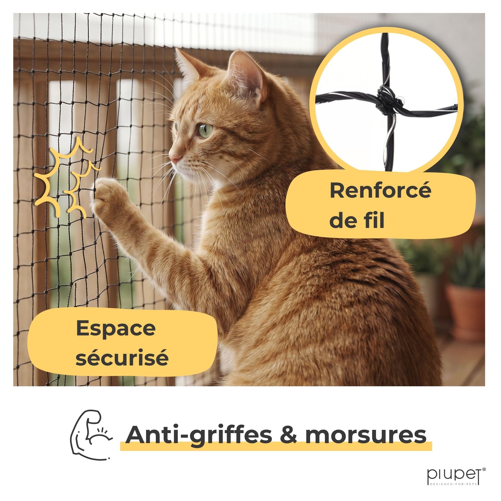 PiuPet® Filet pour Chat I 4x3m I Filet renforcé I avec Corde de Fixation I Protection Balcon Chat | Protection Chat Balcon | Grillage Fenetre Chat