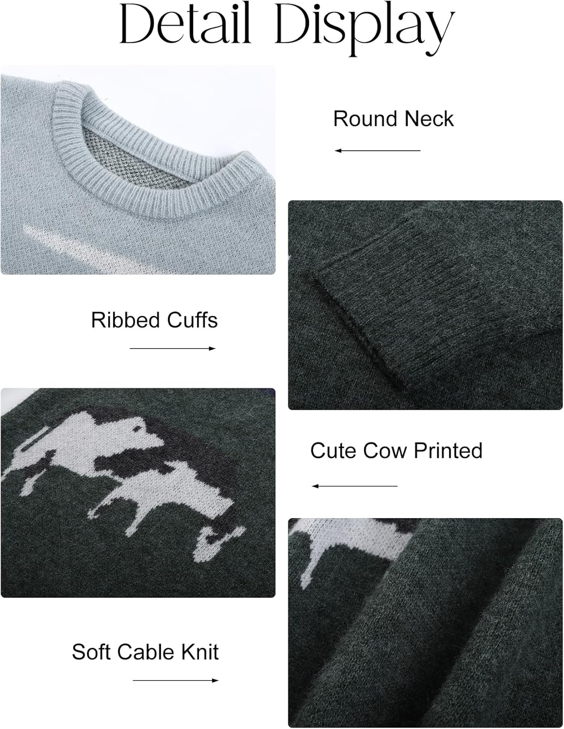 Kissonic Mens Vintage Oversized Sweater Cow Long Sleeve Crew Neck Knitted Grassland Pullover Jumper Unisex Tops - Image 5