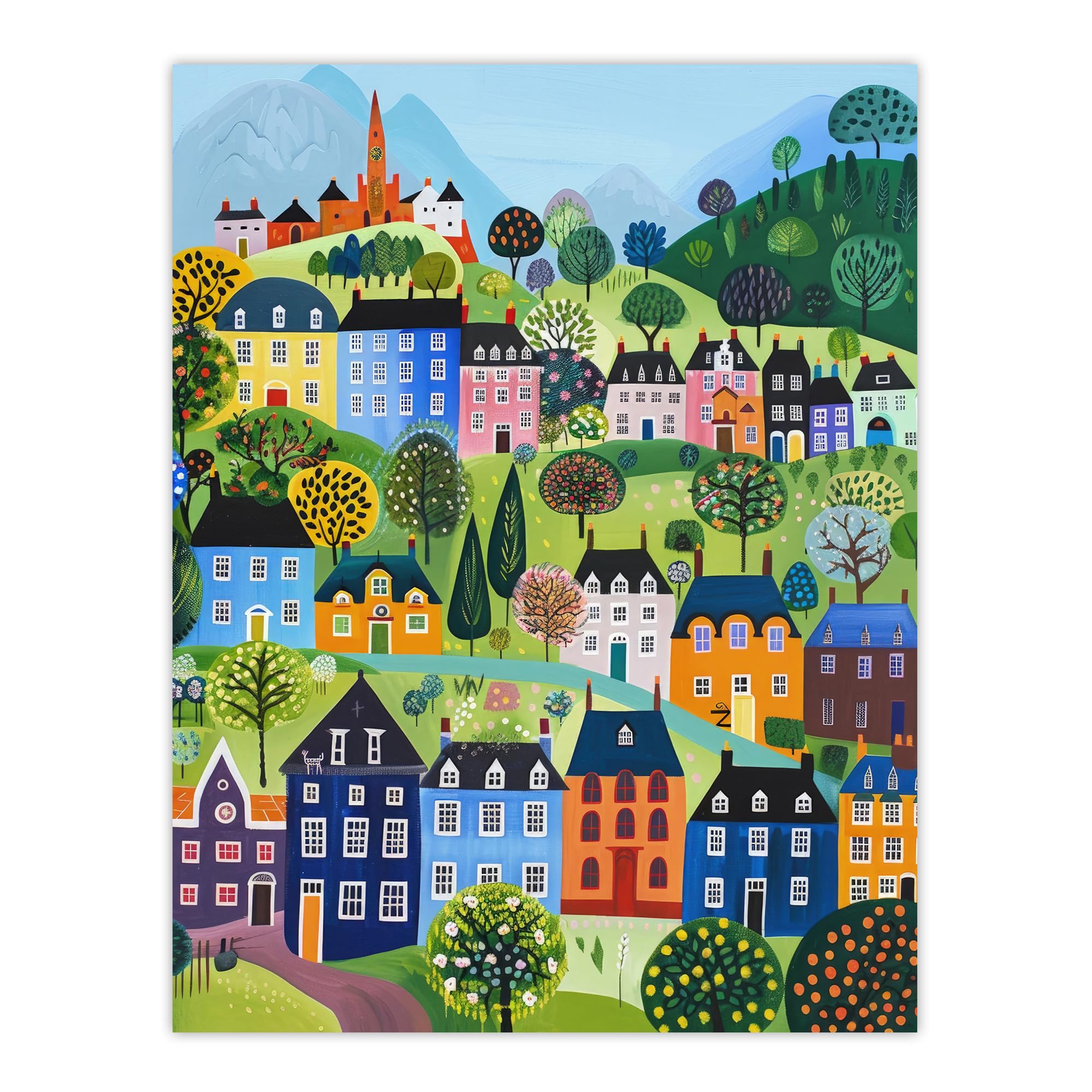 Artery8 Folk Art Poster - Colourful Townscape Church - W18" x H24"