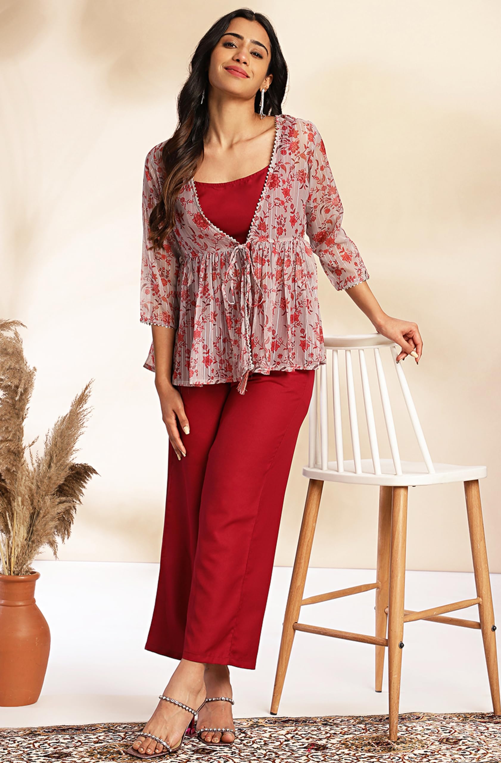 Janasya Women's Regular Fit Co-Ord Set with Floral Jacket product image 2