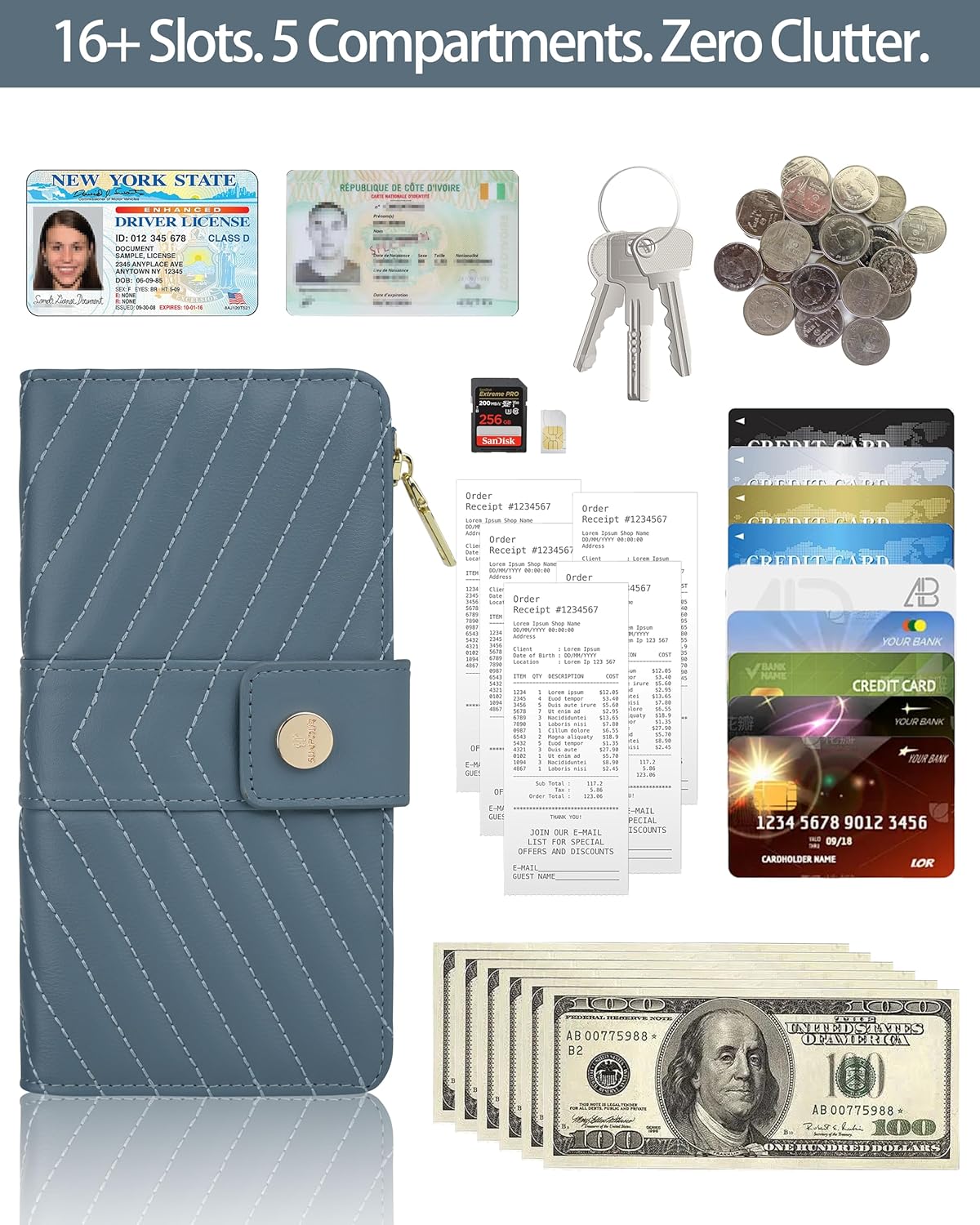 Women Wallet RFID Blocking Trifold Wallet Slim Leather Wallet Large Capacity Credit Card Holder Thin Wallet with Zipper Pocket - Image 5