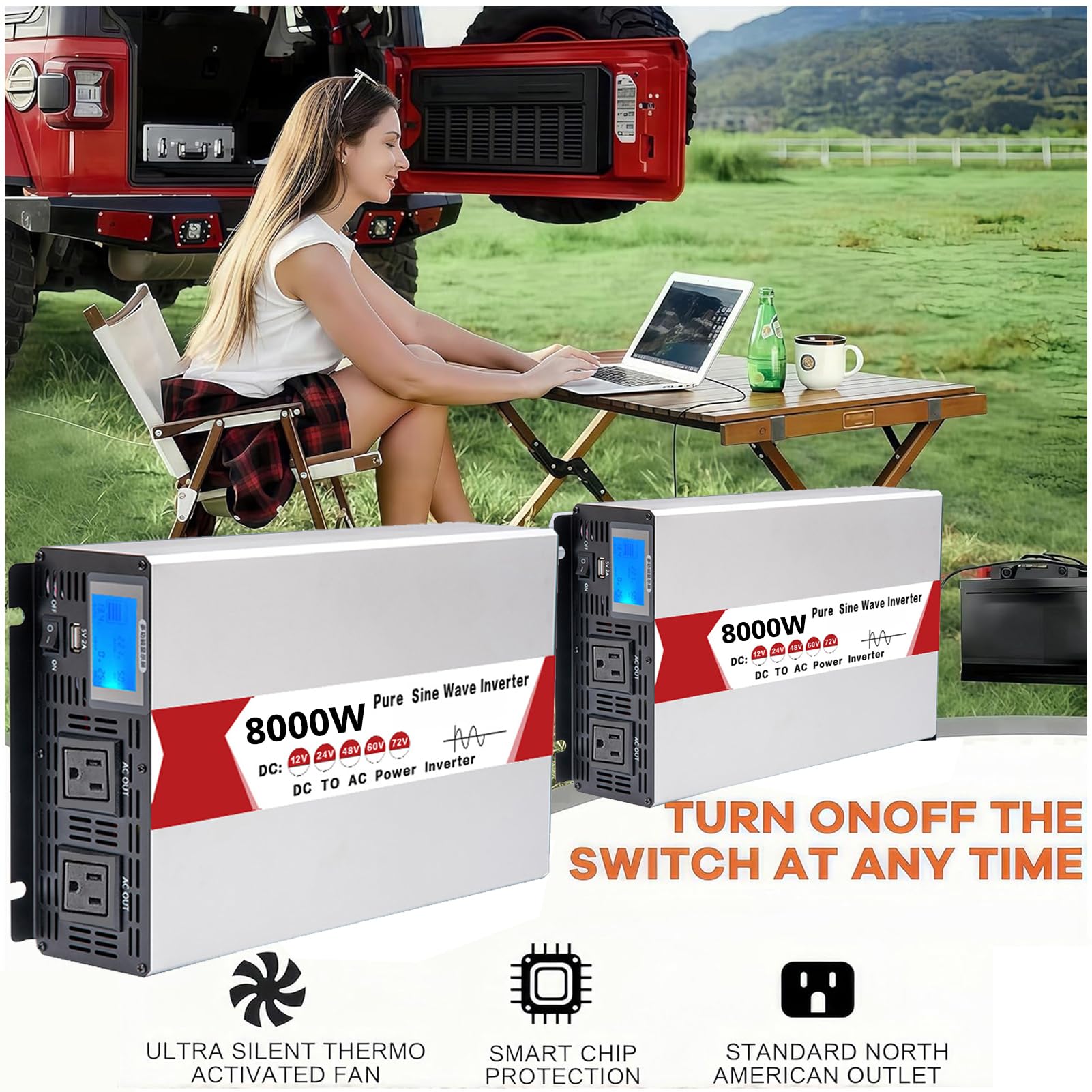 Inverter di Potenza a Onda Sinusoidale Pura da 8000 Watt, Convertitore da CC a CA, Inverter di Potenza Solare a Bassa Frequenza con Display a LED e 2 Prese CA per Casa, Campeggio e C(Size:12V to 110V)