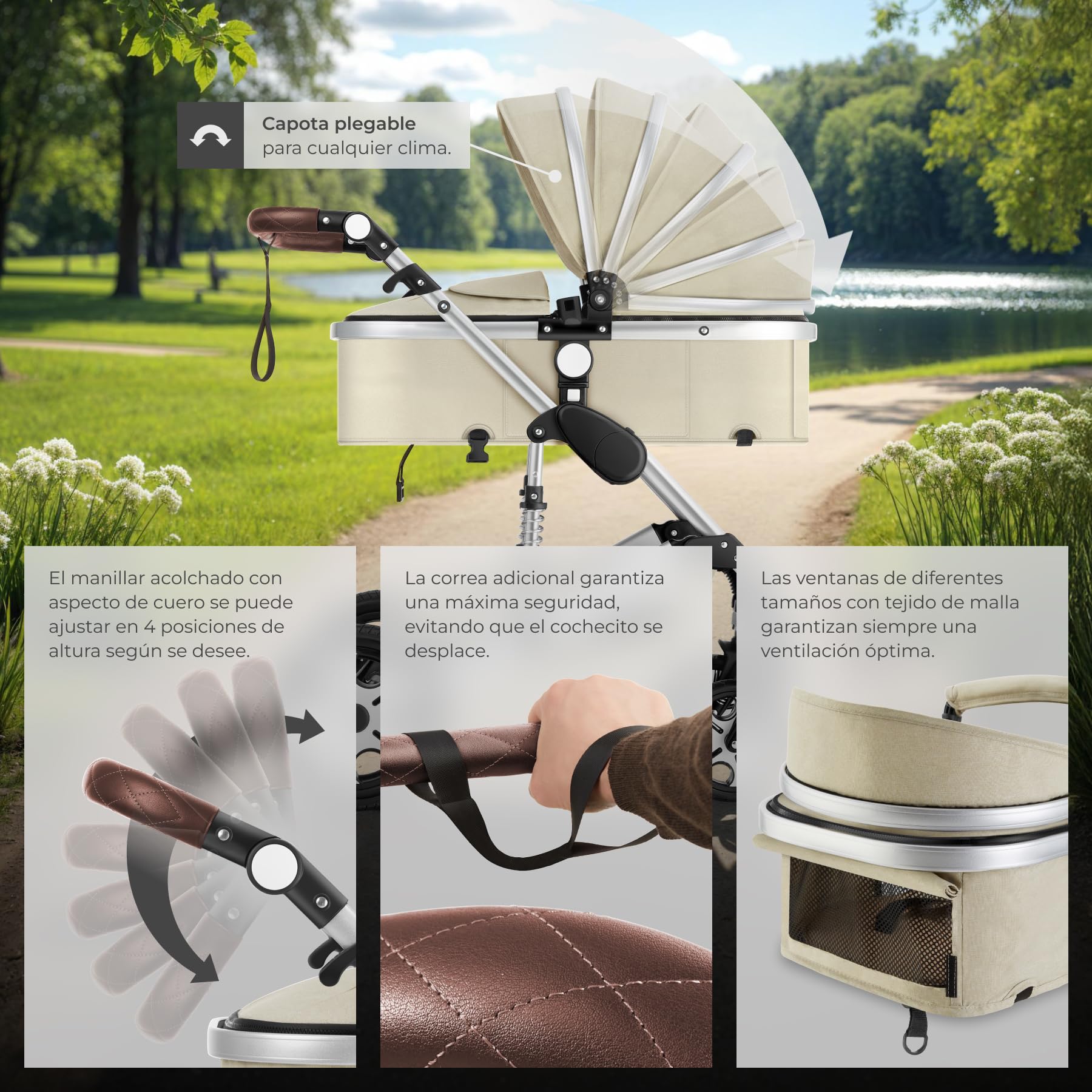 tectake® Cochecito Bebé Combinado 2 en 1, Carrito Bebé Plegable con Capazo Extraíble, Silla de Paseo con Respaldo Ajustable, Arnés de 5 Puntos, Freno de Pie y Capota Plegable, Carro Bebés - gris/beige
