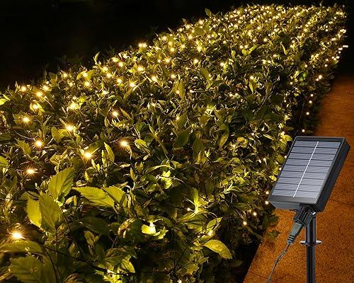 iBaycon Luces solares de red de Navidad, luces de malla de red de 5 x 5 pies con 8 modos y temporizador, luces solares impermeables para árboles de