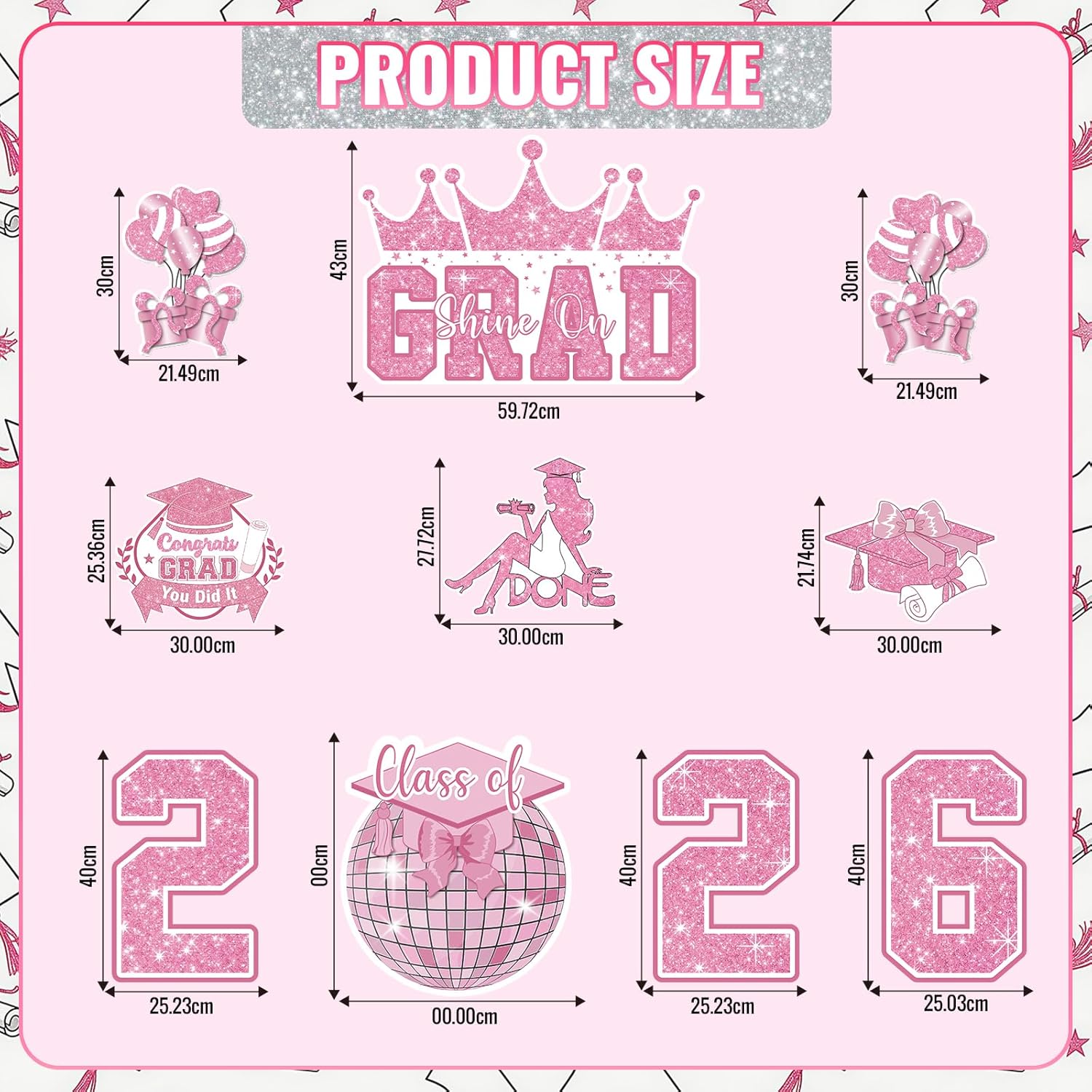 Graduation Yard Sign Class of 2026 Decorations, 10pcs Sparkling Pink Congrats Grad 2026 Lawn Yard Sign with Stakes Grad Yard Sign for High School College Indoor Outdoor Graduation Party Decor Supplies