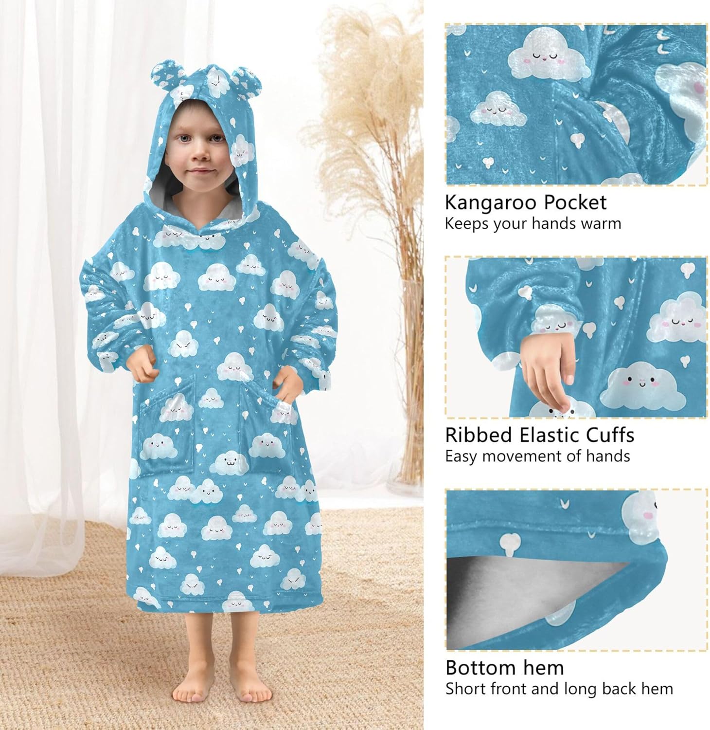 Clouds Blue Kids Wearable Blanket Hoodie with Pocket and Sleeves for Toddlers, Cute Hoodies Girls Boys B0403775