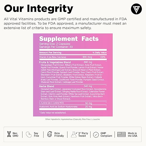 Miniatura 6 de Vital Vitamins Suplemento de Colágeno Vegano - con Sílice y Ácido Hialurónico - Suplementos de Colágeno a Base de Plantas - Apoya el Cabello, la