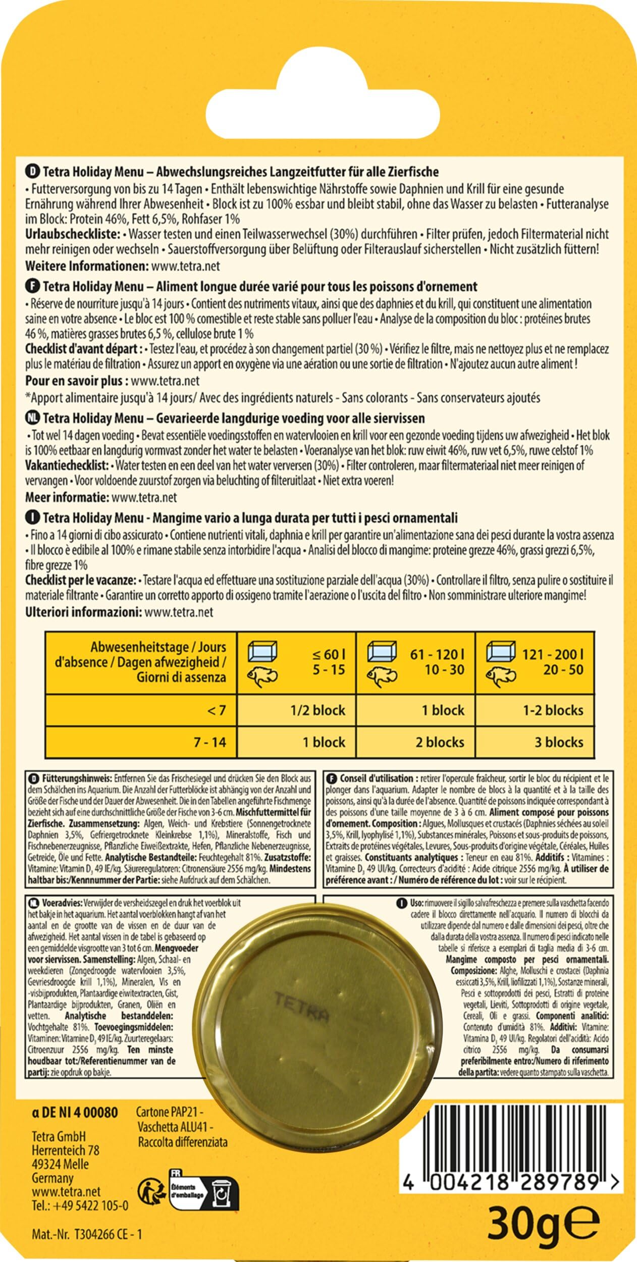 Tetra Menu Vacanze 1 Blocco x 30 g, Multicolore