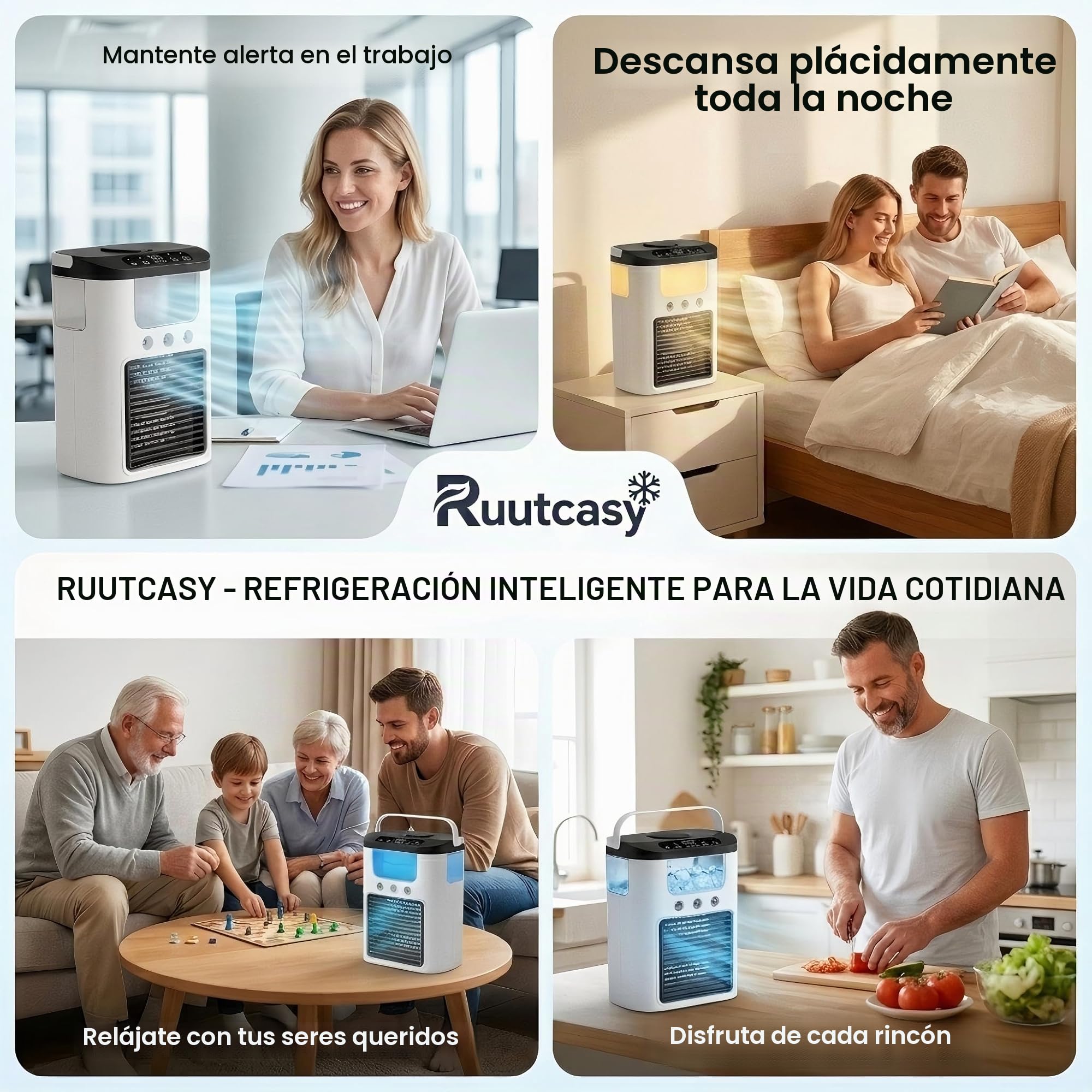 Ventilador de aire acondicionado portátil, alimentado por USB, mini aire acondicionado recargable de escritorio con 3 velocidades y 3 modos de nebulización, tanque de agua de 600 ml, luz RG