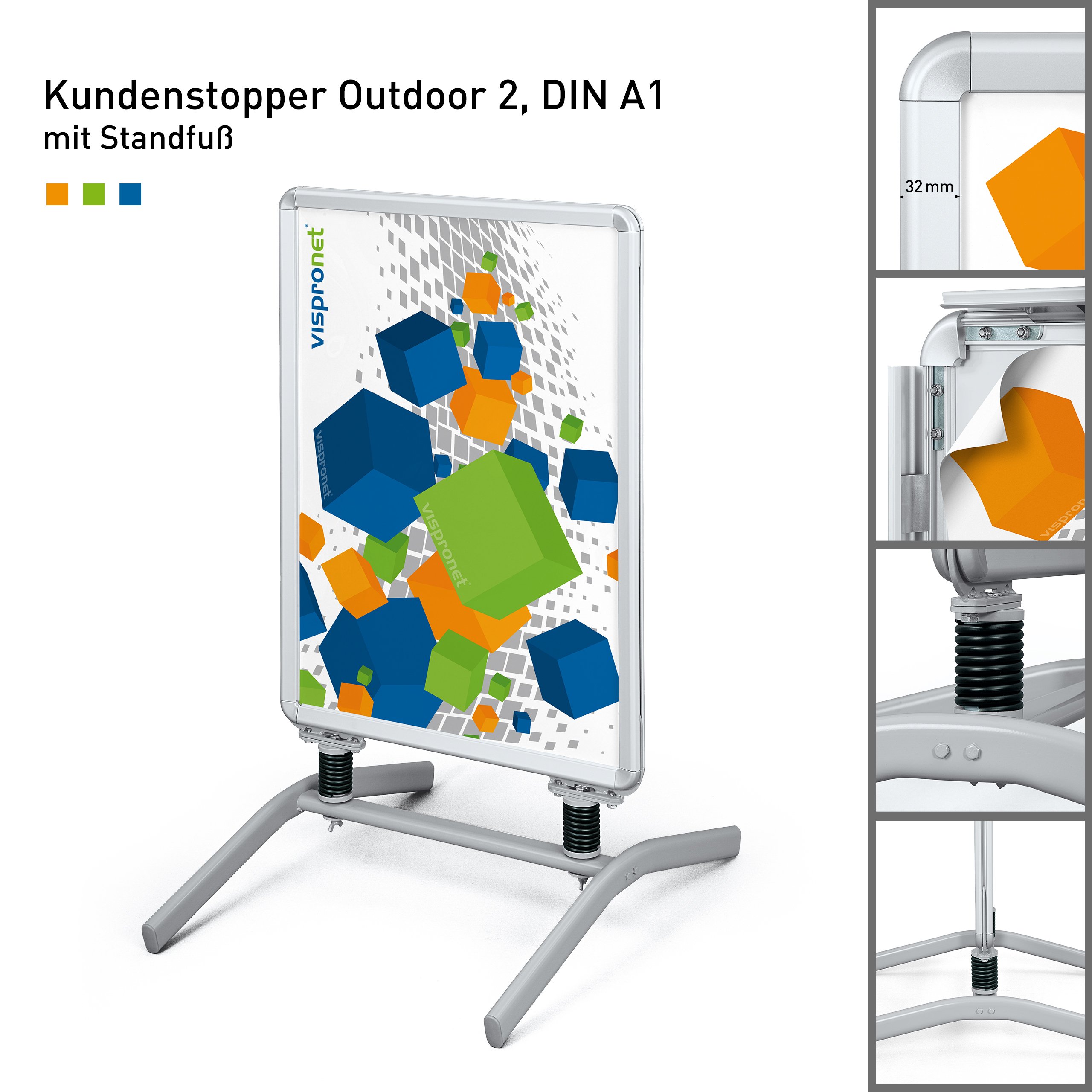 Plakatständer DIN A1 | ✓ Kundenstopper | ✓ Werbetafel | ✓ Gehwegaufsteller Outdoor 2 (mit Alu-Klemmrahmen & Stahlfedern) von Vispronet®