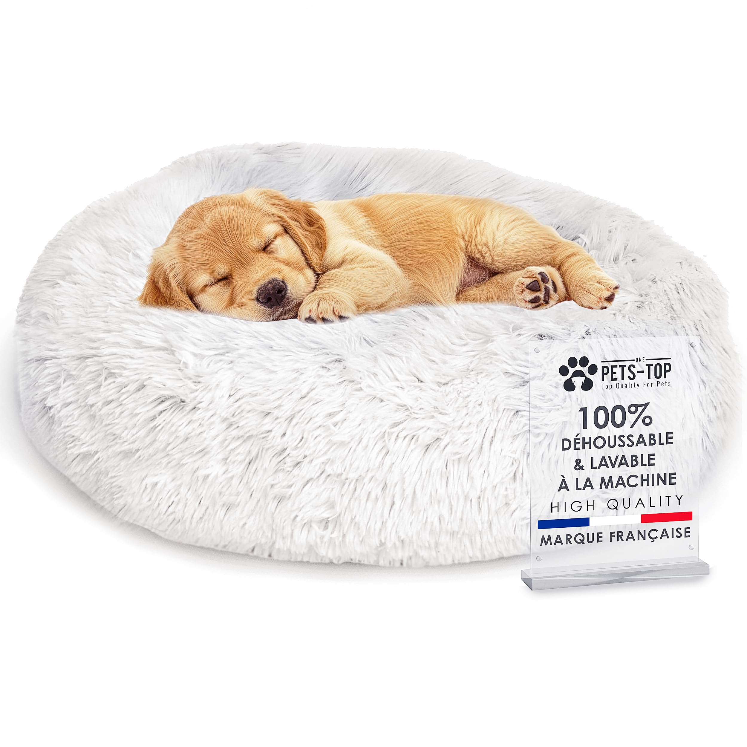One PETS-​TOP Panier Chien, Coussin Chien Dehoussable, Panier Chat Rond Lavable, Forme Donut, Matelas Apaisant Anti Stress 60cm Gris
