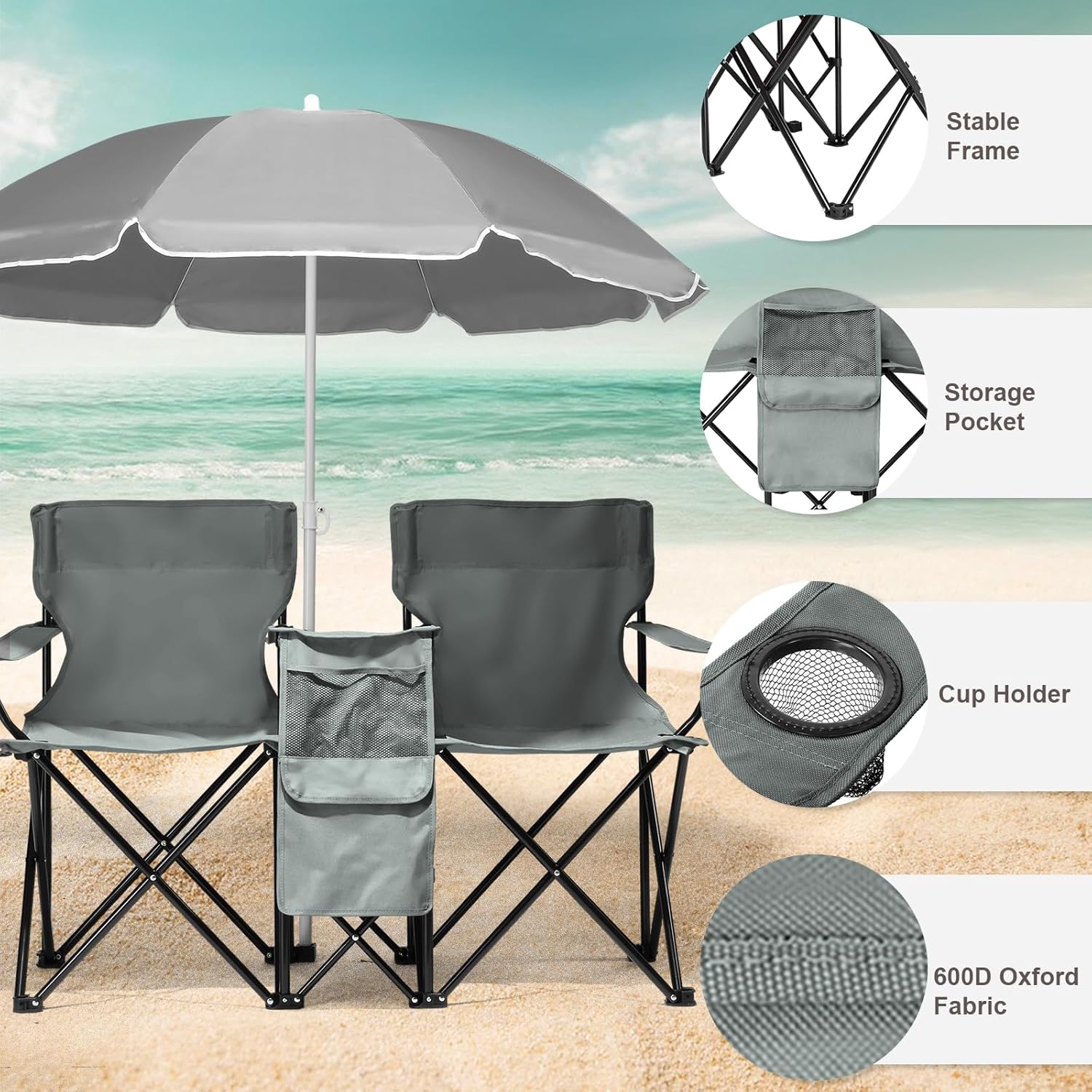 Outvita Folding Double Camping Chair w/Umbrella Beverage Holder Carrying Bag Cooler Fold Up Table, Large Bearing Capacity for Beach Patio Pool Park Outdoor Gray