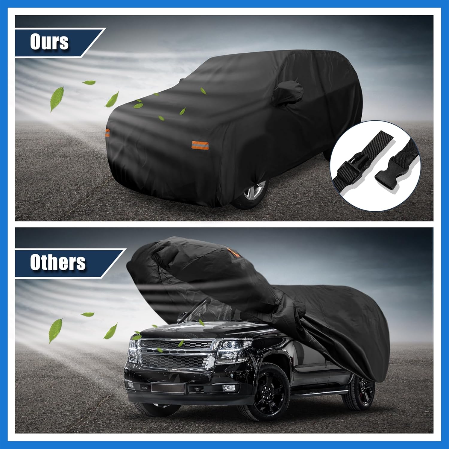 SUV Car Cover for Chevrolet Tahoe 4 Door 2007-2024 Outdoor Waterproof Sun Rain Dust Wind Snow Protection 190T PU W/Driver Door Zipper Black Auto Accessories