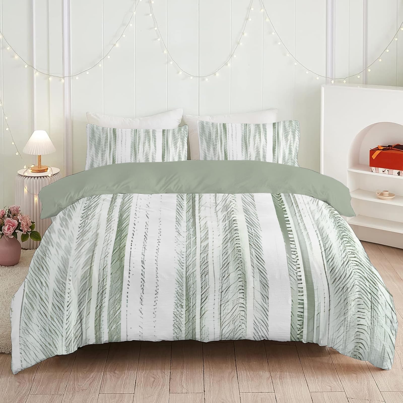 Housse couette moderne minimaliste vert blanc pour chambre parentale zen