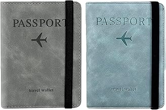 Couple 2 Pcs Passport Holder Passport Cover with Credit Card Slot and BoardingPass Slot Bi-Fold Passport Wallet Case Book Travel Must Have, PU Leather-Unisex (SkyBlue+Gray)