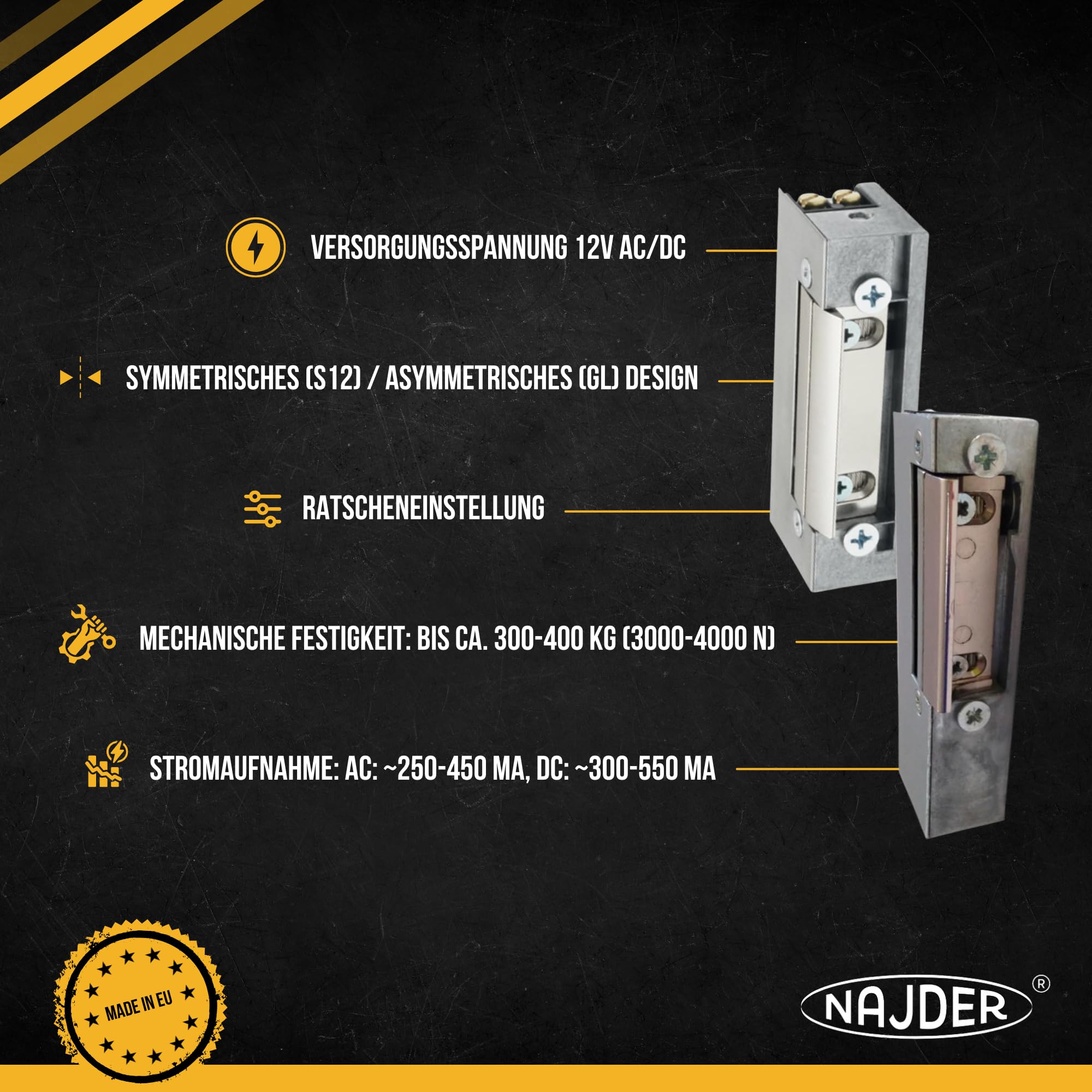 NAJDER Elektrischer Türöffner, Hartte, S12-Serie 12 V DC, Reversibel, R-4, für Linke und rechte Türen, symmetrisch, verstellbare, für Türen (Holz, Metall, PVC), Tore und Schränke, Zuverlässig